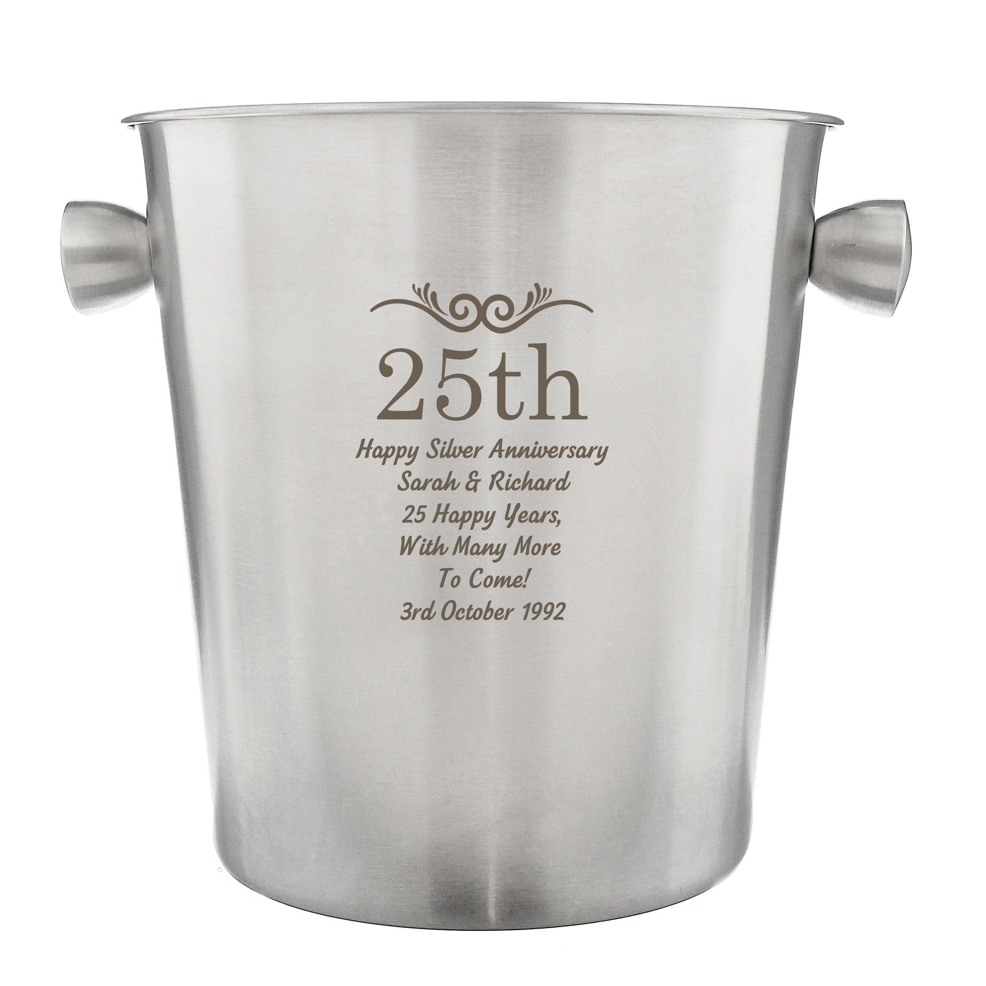 Stainless steel ice bucket with text of 25th and personalised message.