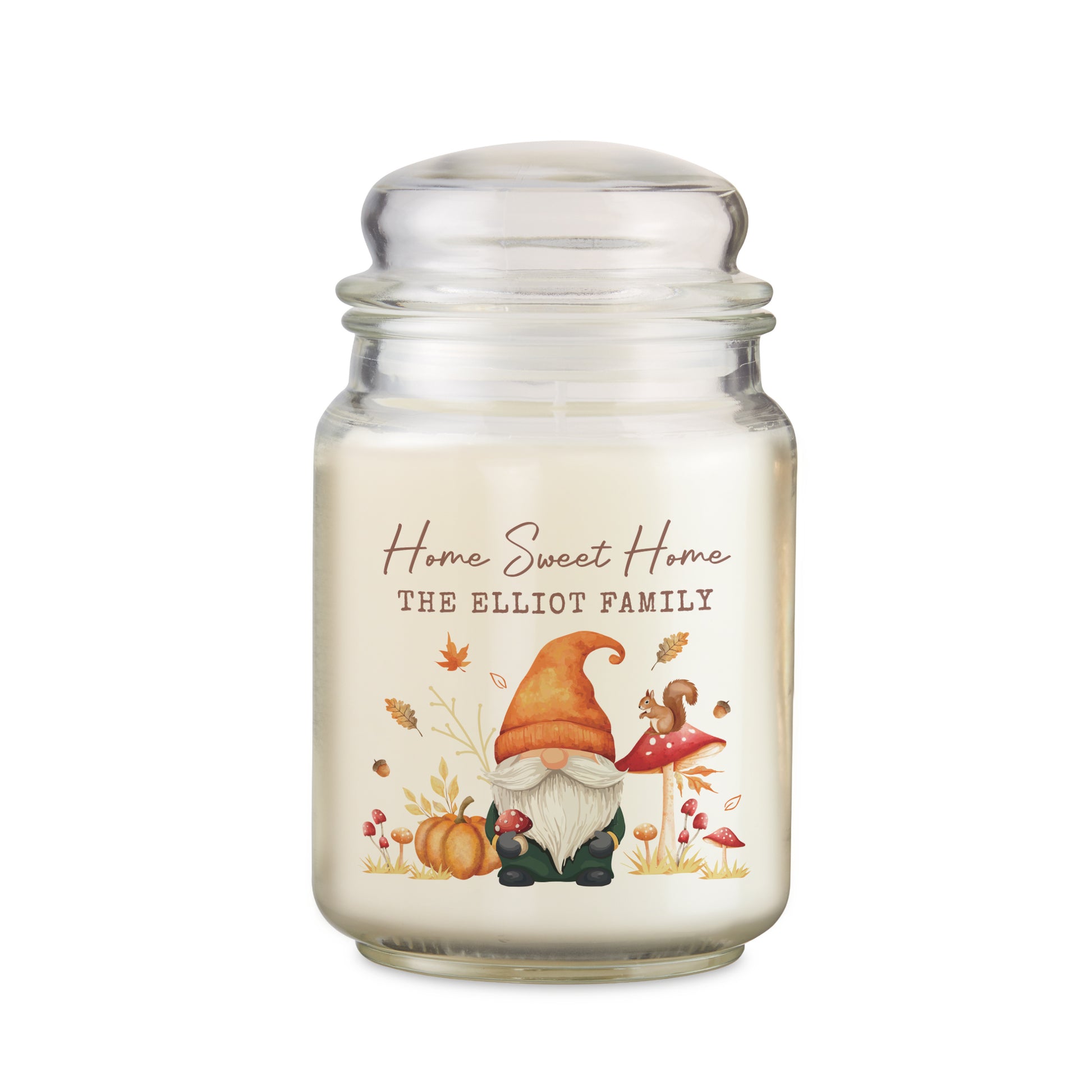 Decorative personalised candle jar with a gnome design and 'Home Sweet Home' text on a white background