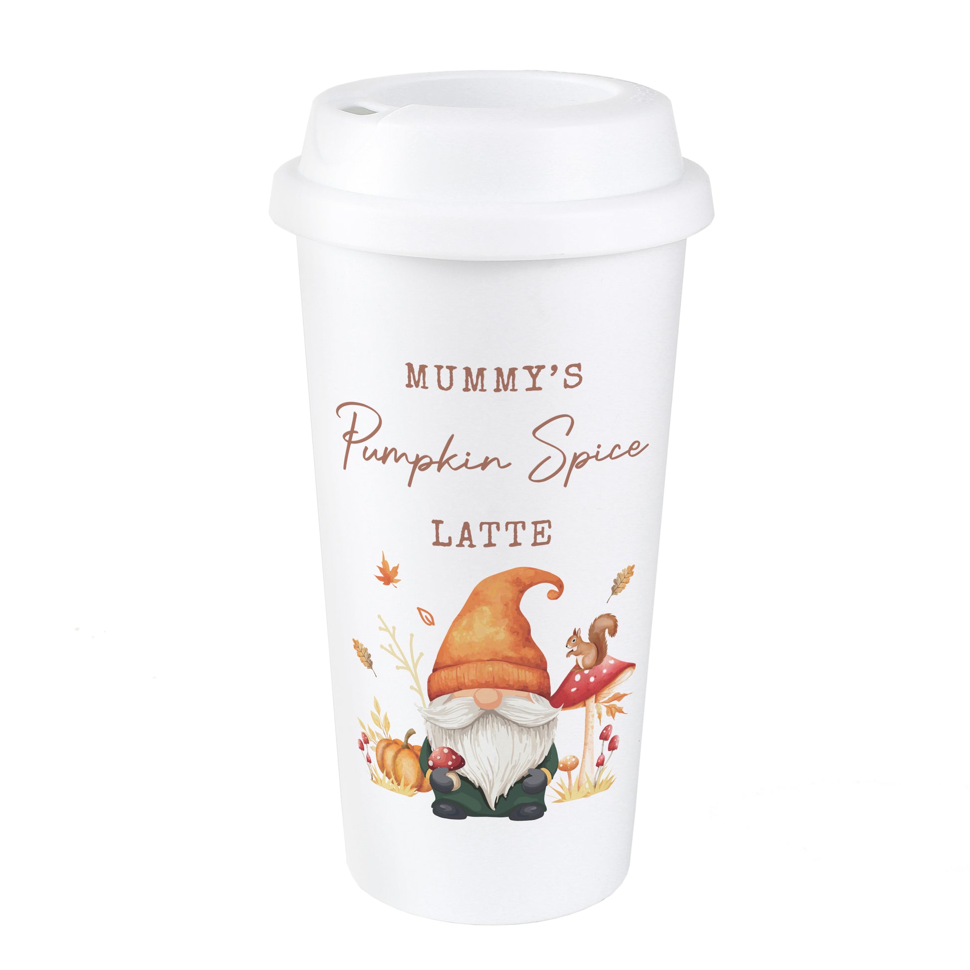 White autumn themed travel mug with 'Mummy's Pumpkin Spice Latte' personalised text and gnome design on a white background