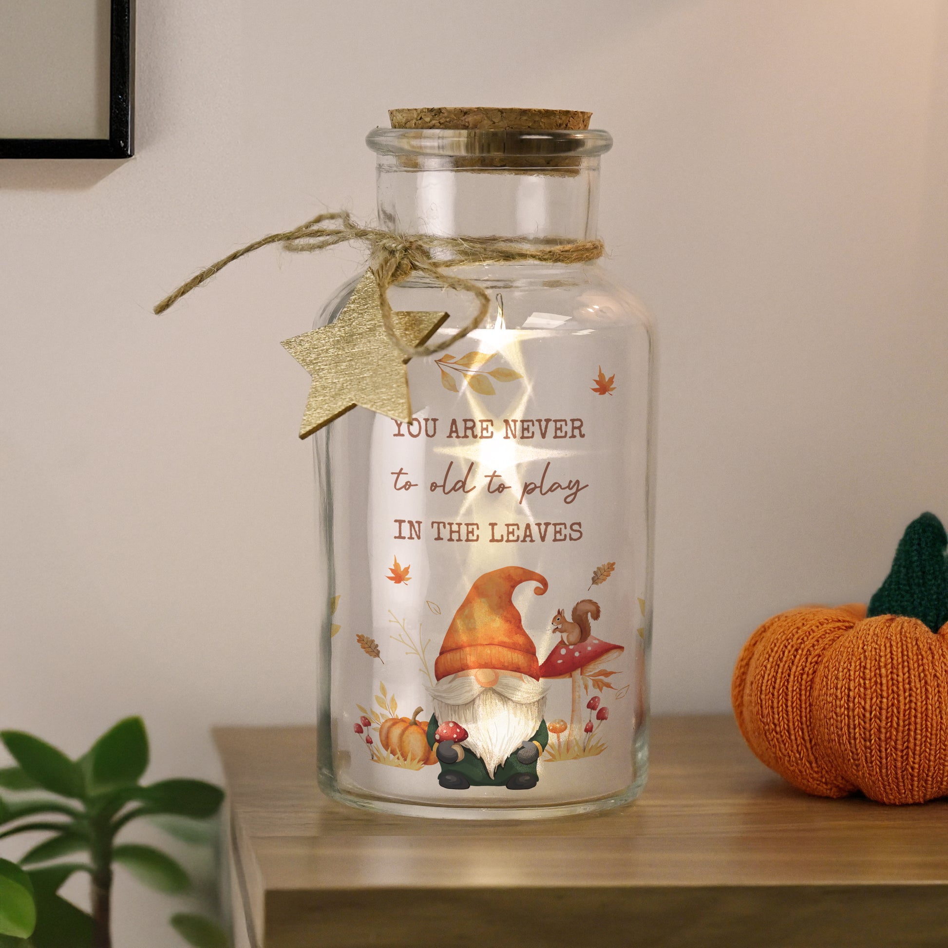 Decorative autumn themed glass jar with LED light and personalised text.
