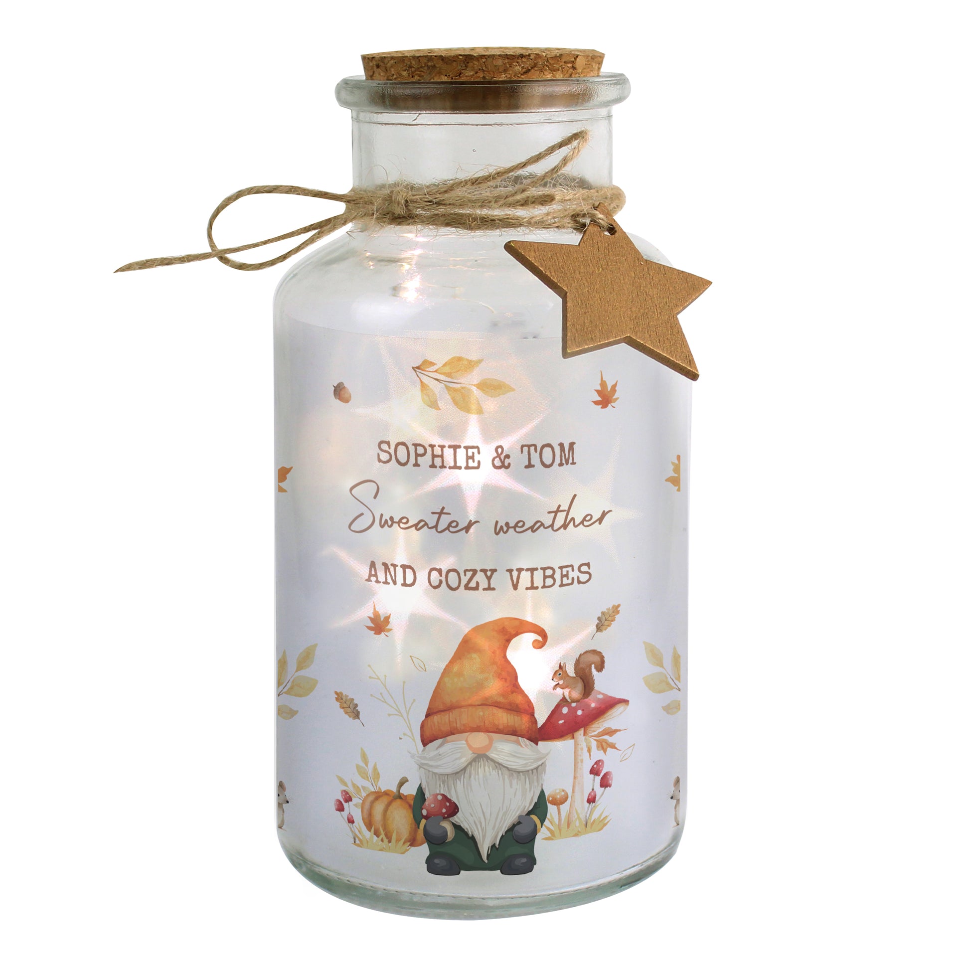 Decorative autumn themed glass jar with LED lights, featuring a gnome design and personalised text on a white background.