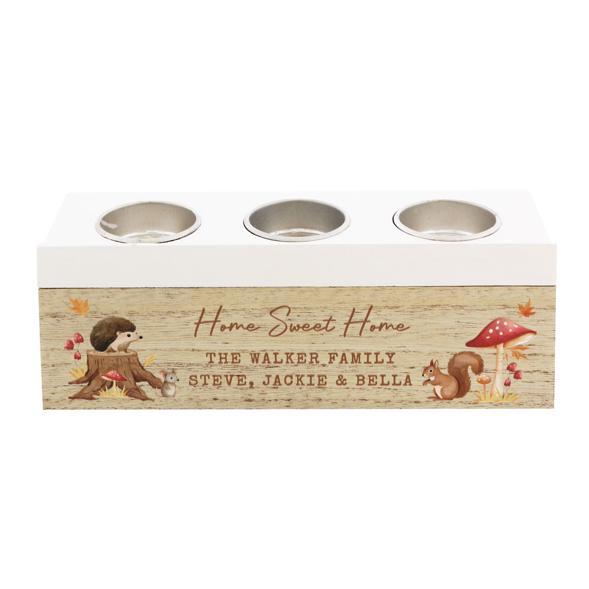 Wooden tea light holder with 'Home Sweet Home' and family name engraving on a white background