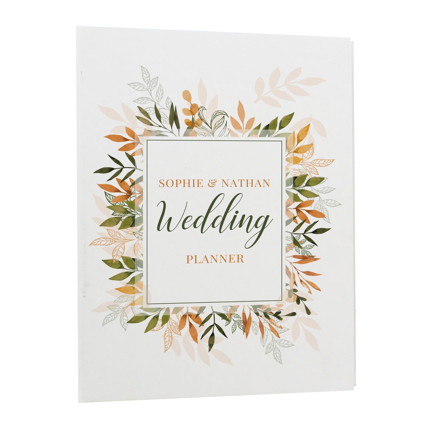 Wedding planner book with leaf design and text on a white background