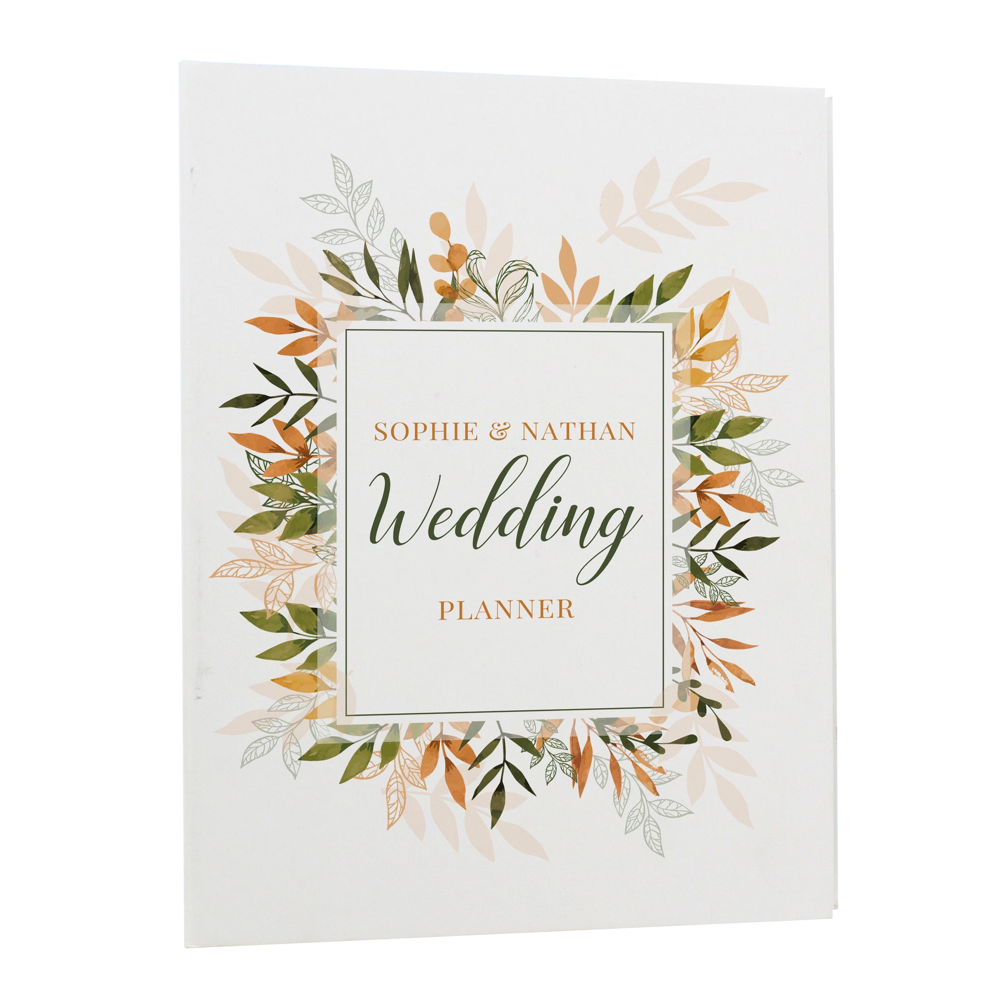 Wedding planner book with leaf design and text on a white background