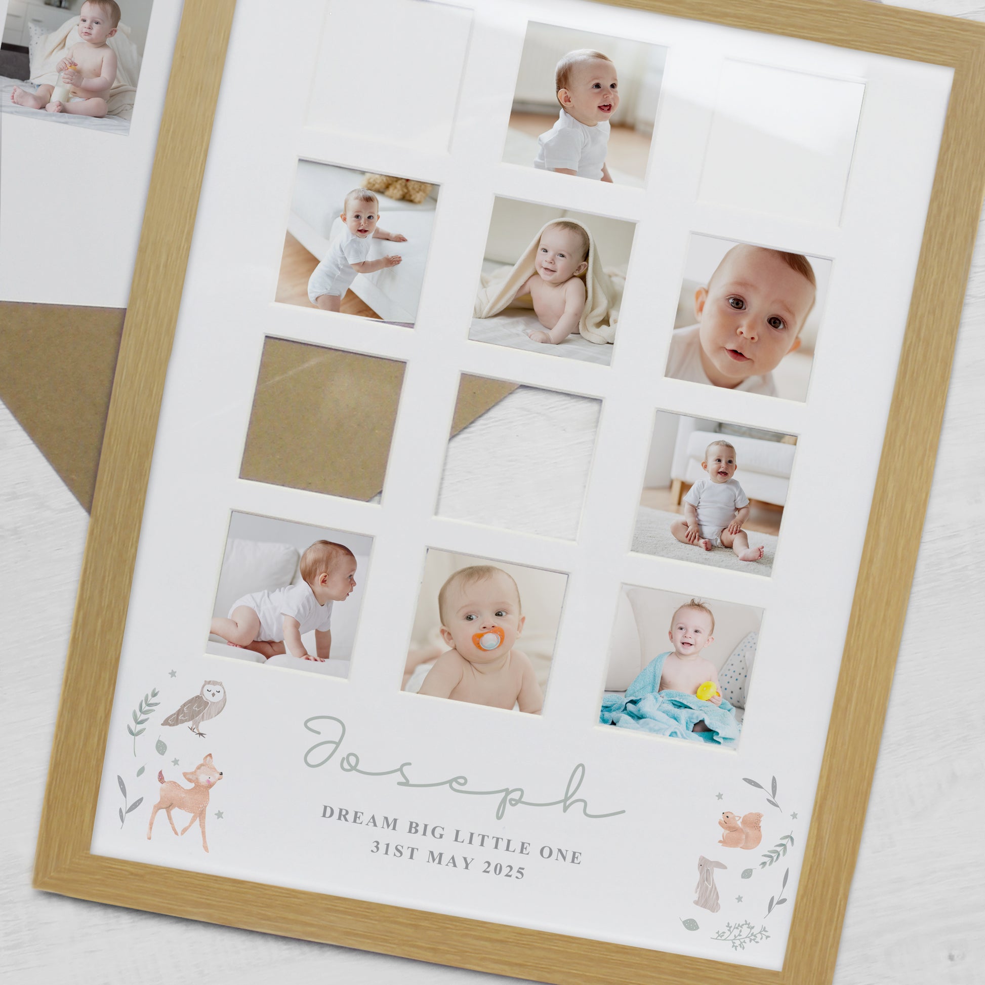 Collage of baby photos with 'Joseph Dream Bug Little Man 31st May 2025' printed on a white background.