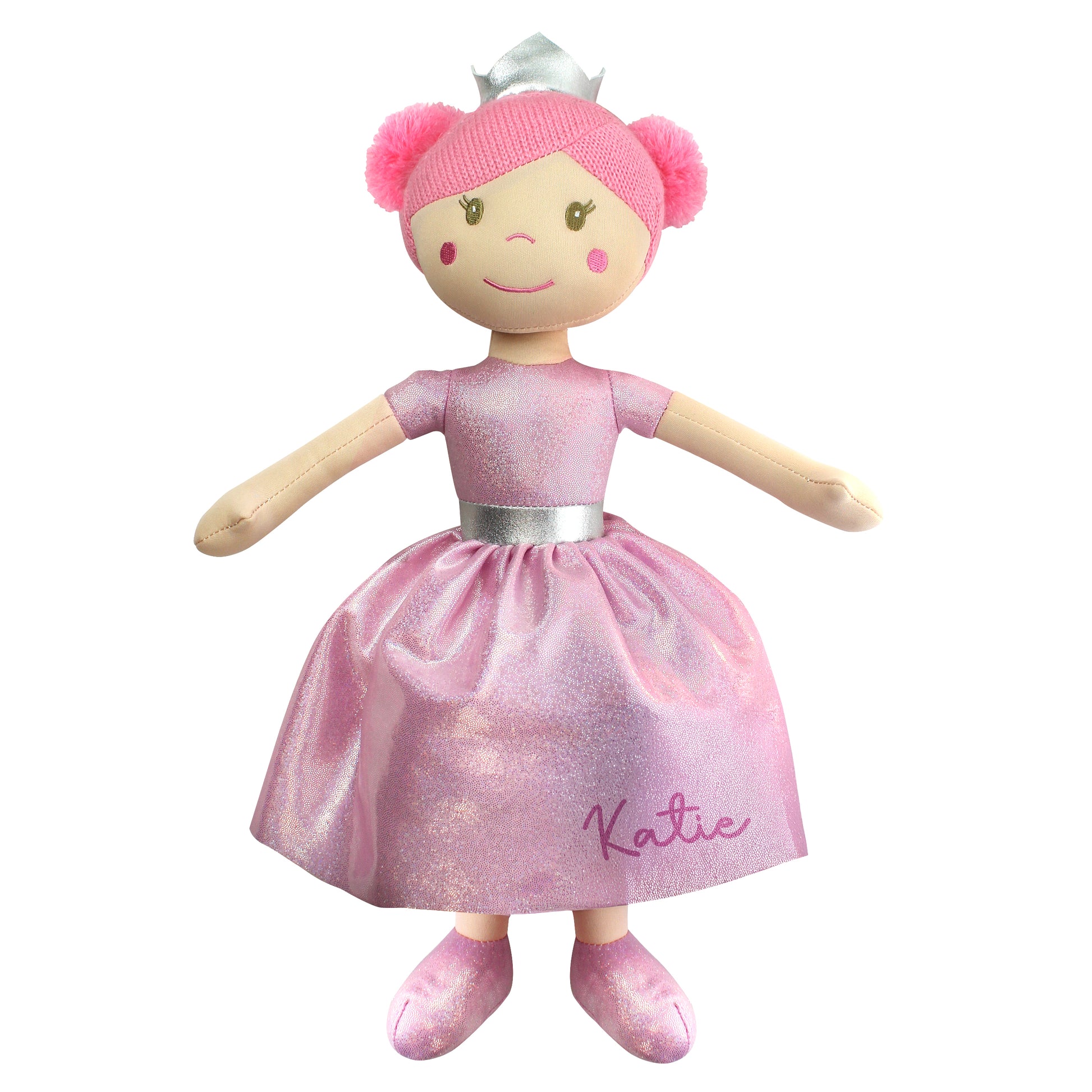 Doll with pink dress and crown on a white background