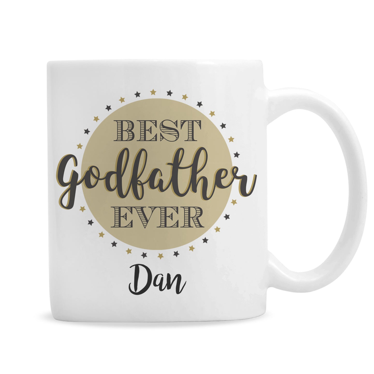White mug with 'Best Godfather Ever Dan' text on a beige circle