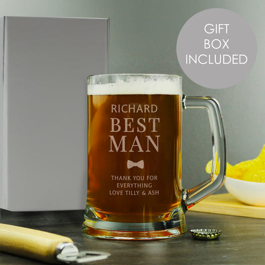 Personalised glass mug with beer, gift box, and bottle opener on a grey background