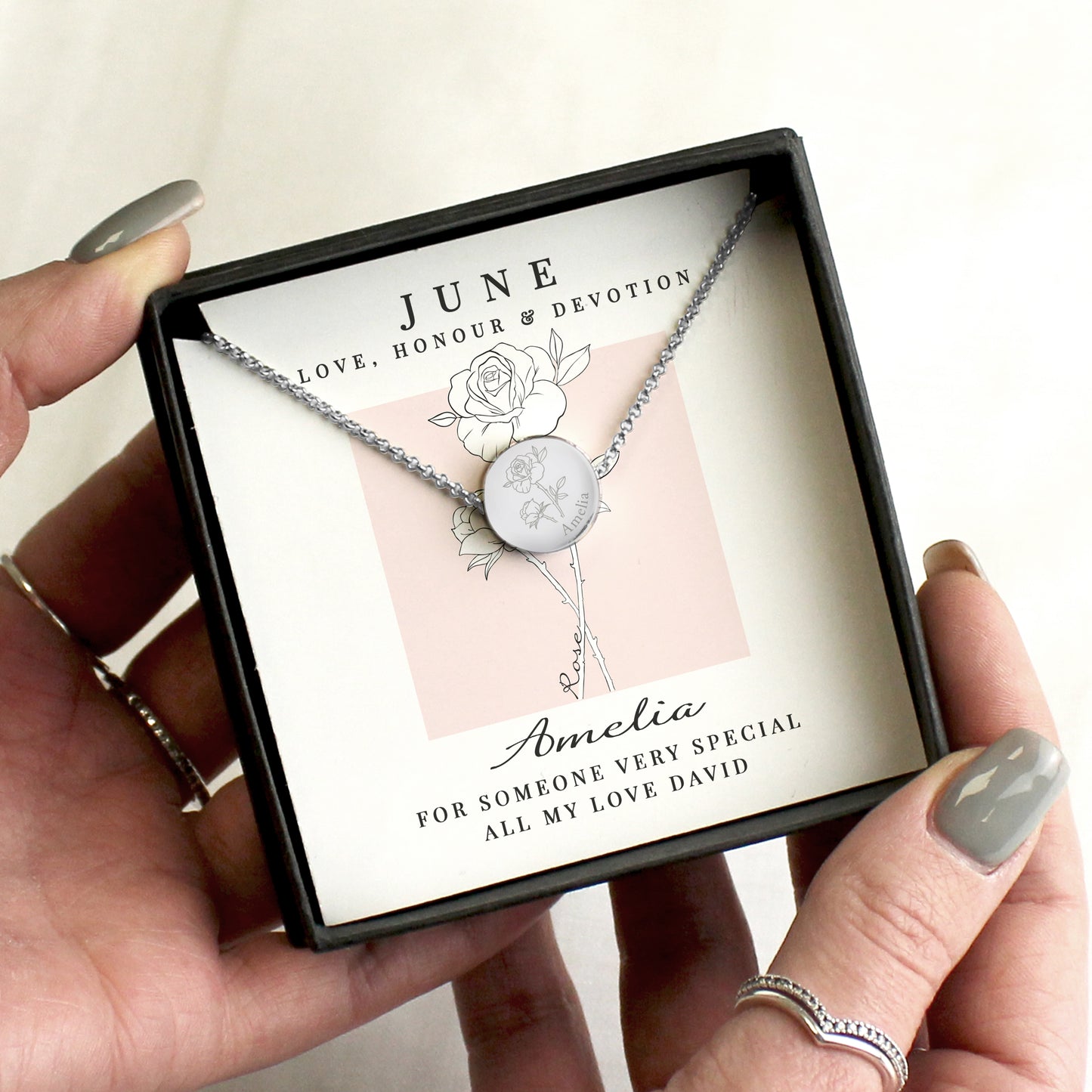 Necklace in a gift box with personalised message