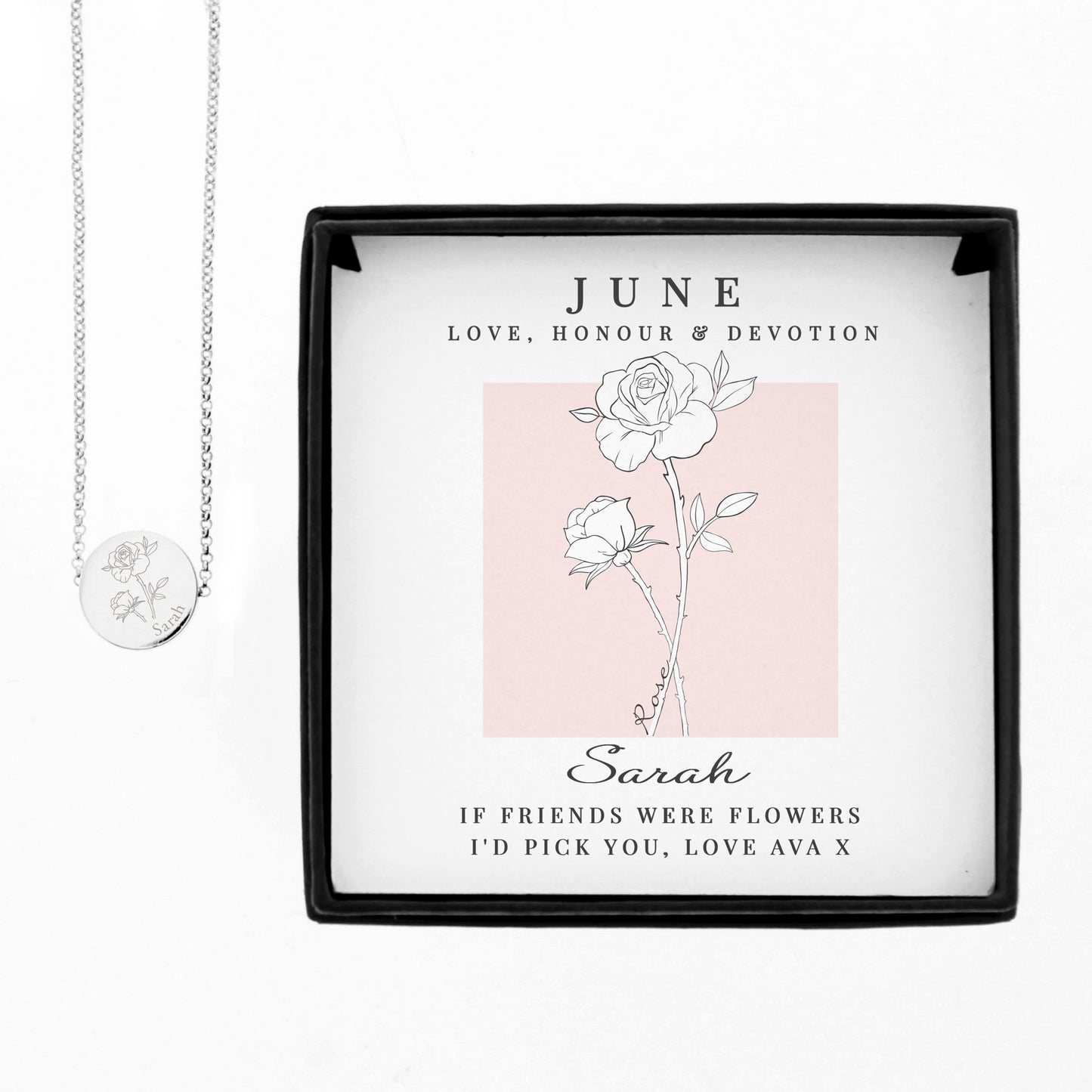 Necklace with a rose design in a branded box