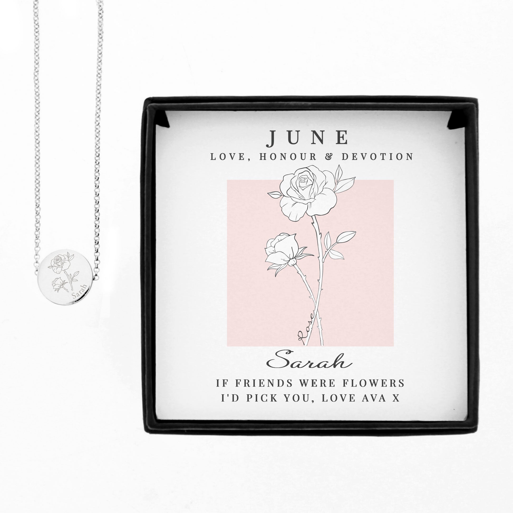 Necklace with a rose design in a branded box