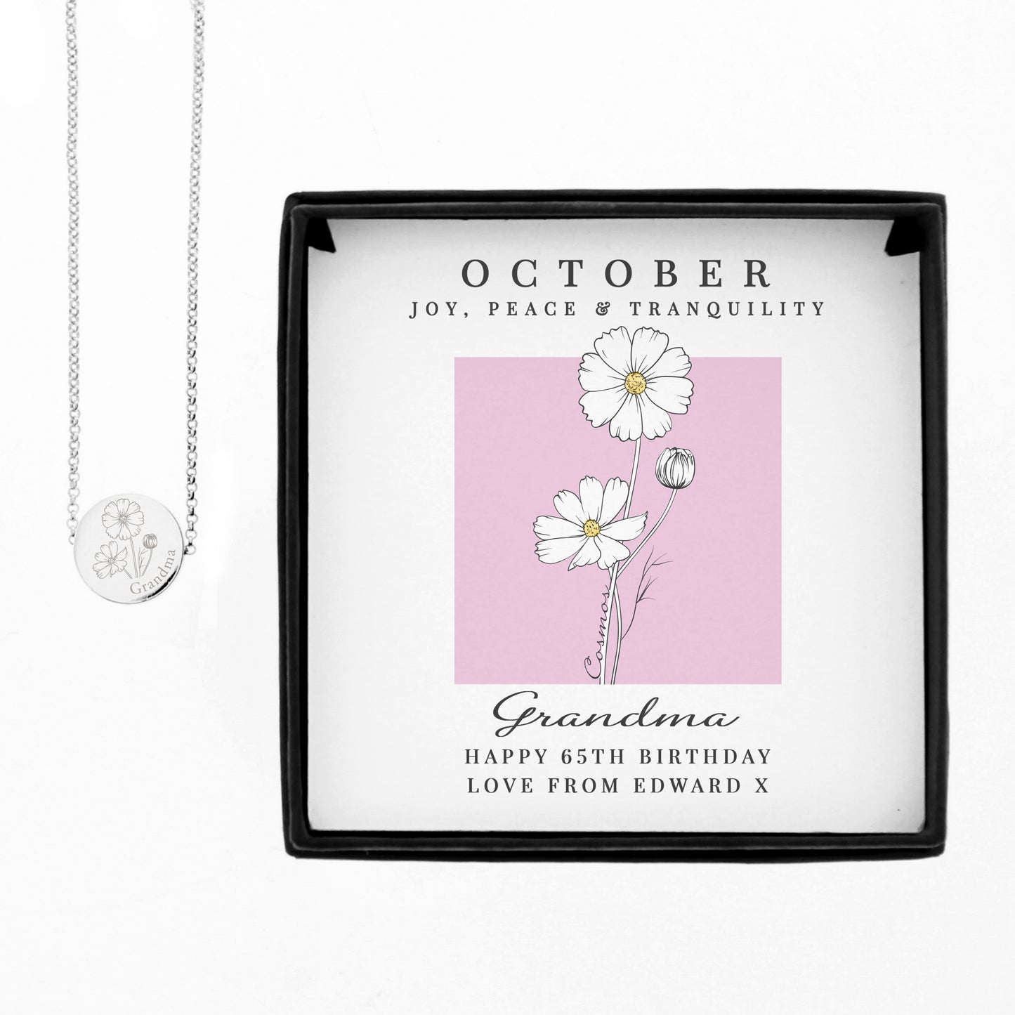 Necklace in a decorative box with floral design and personalised text