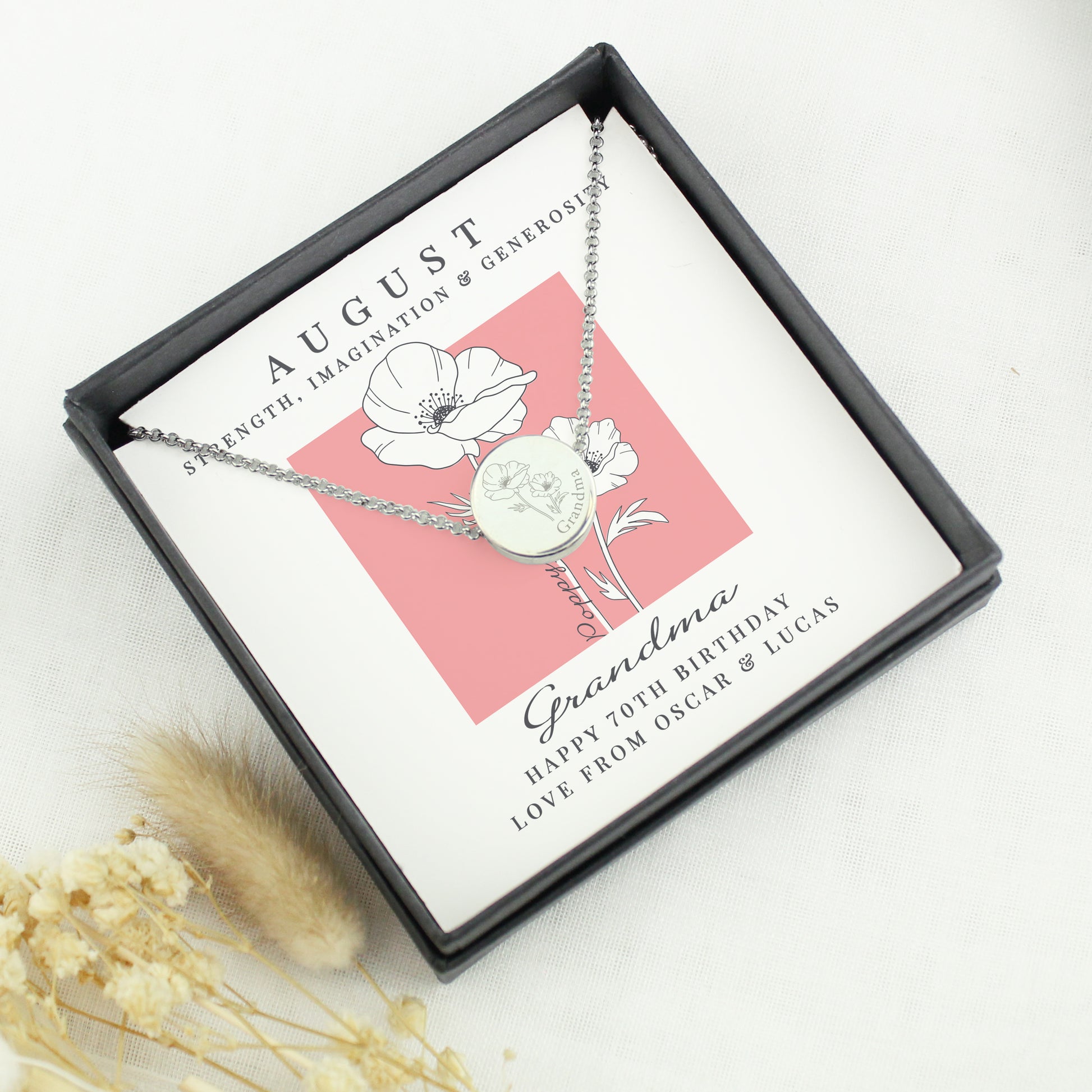 Floral necklace in a gift box with personalised message