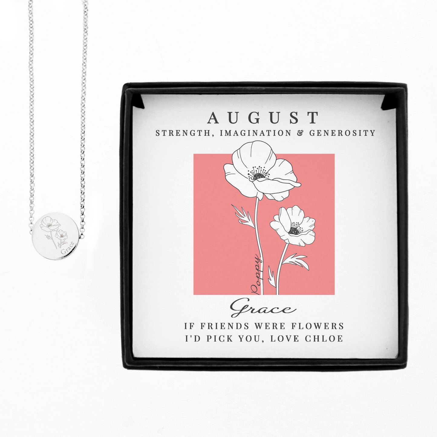Necklace in a decorative box with floral design and text