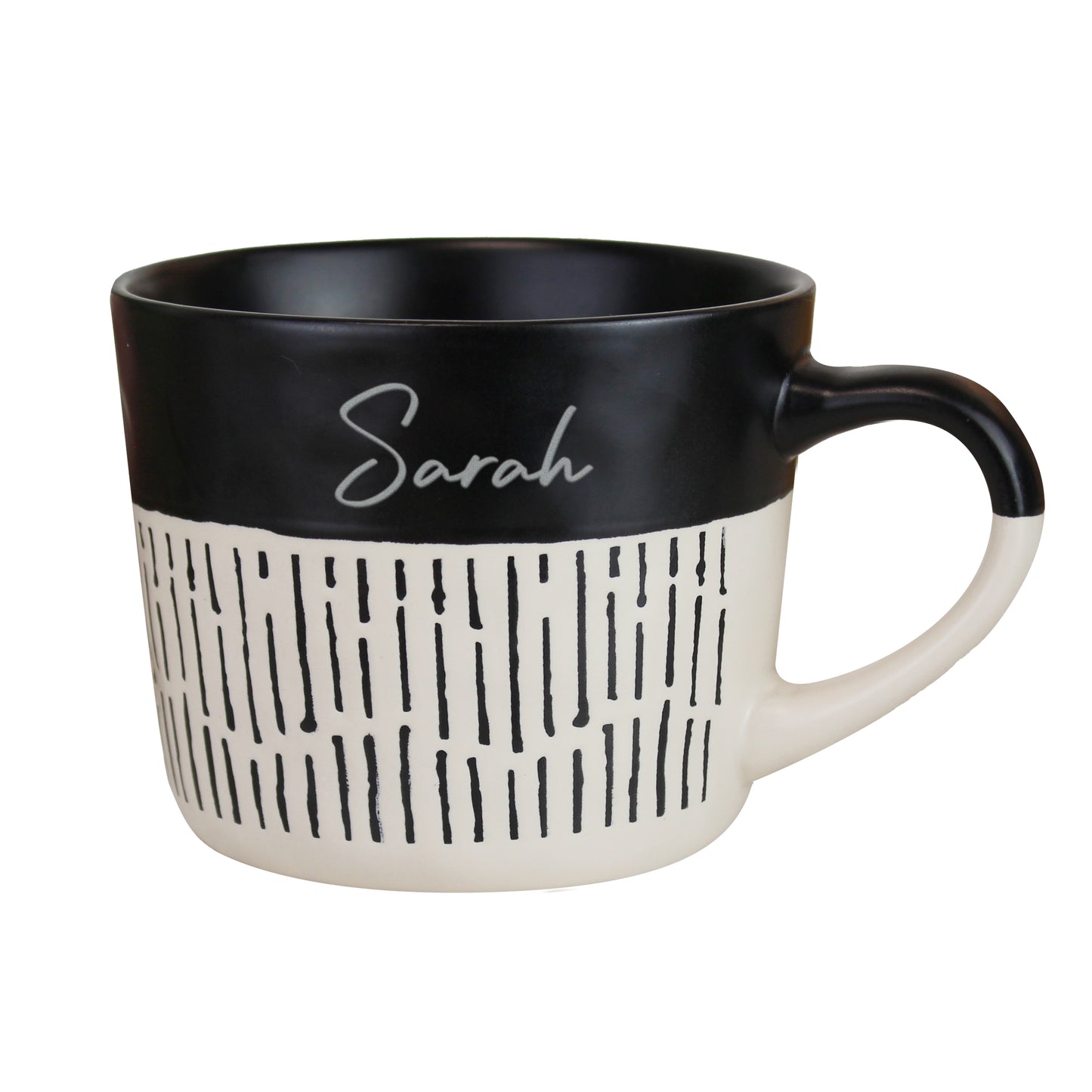 Personalised black and beige mug with 'Sarah' on a white background
