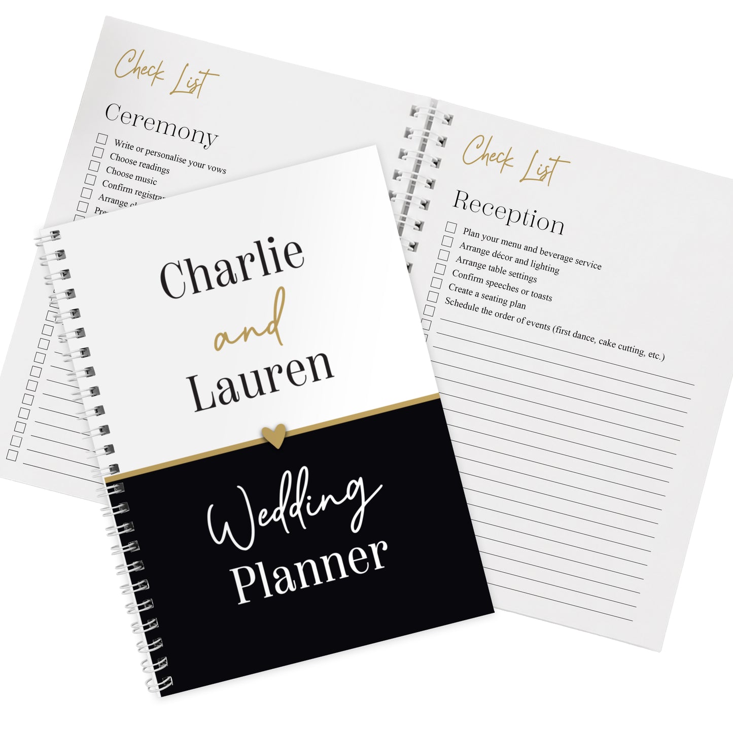 Wedding planner book with checklists for ceremony and reception, personalized for Charlie and Lauren.