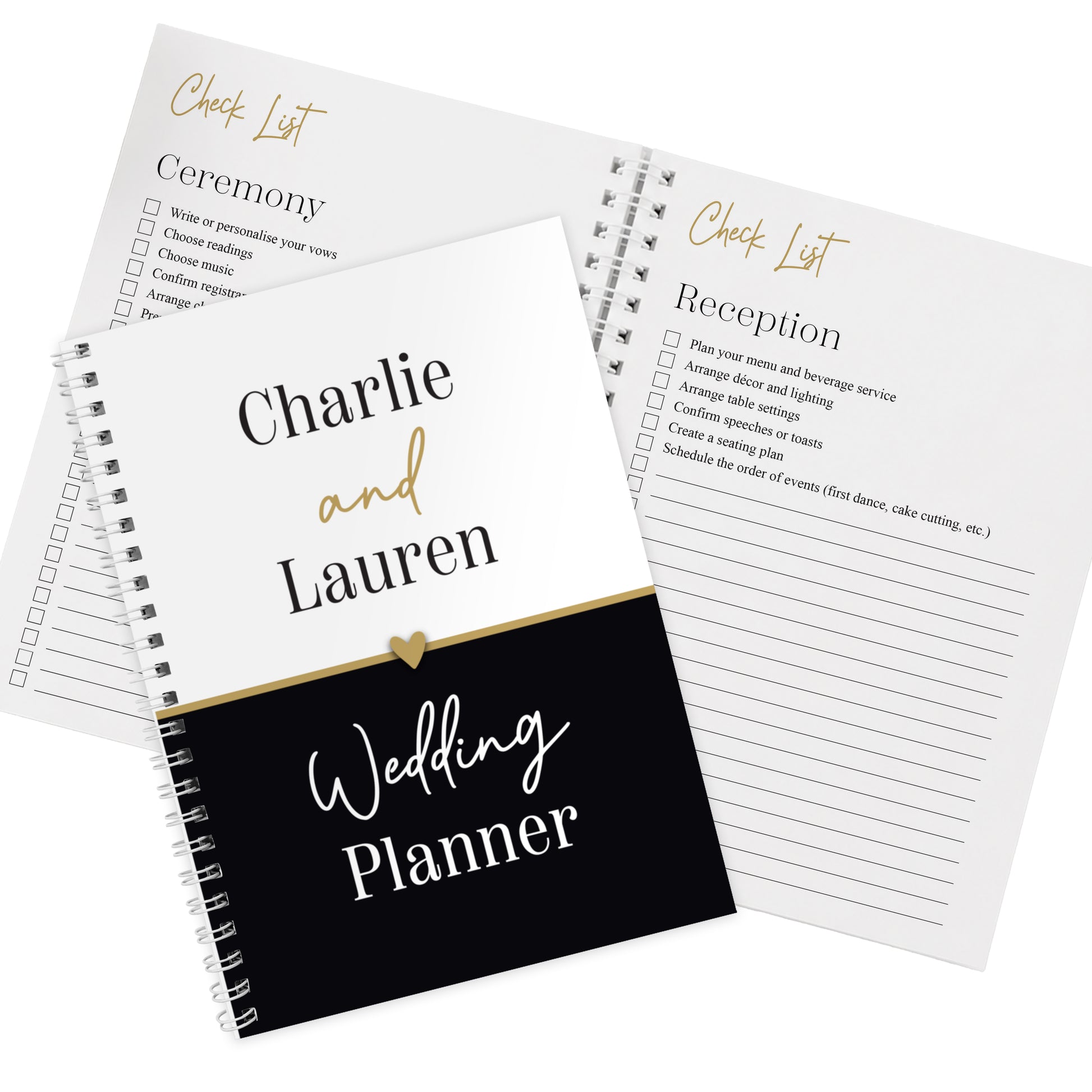 Wedding planner book with checklists for ceremony and reception, personalized for Charlie and Lauren.