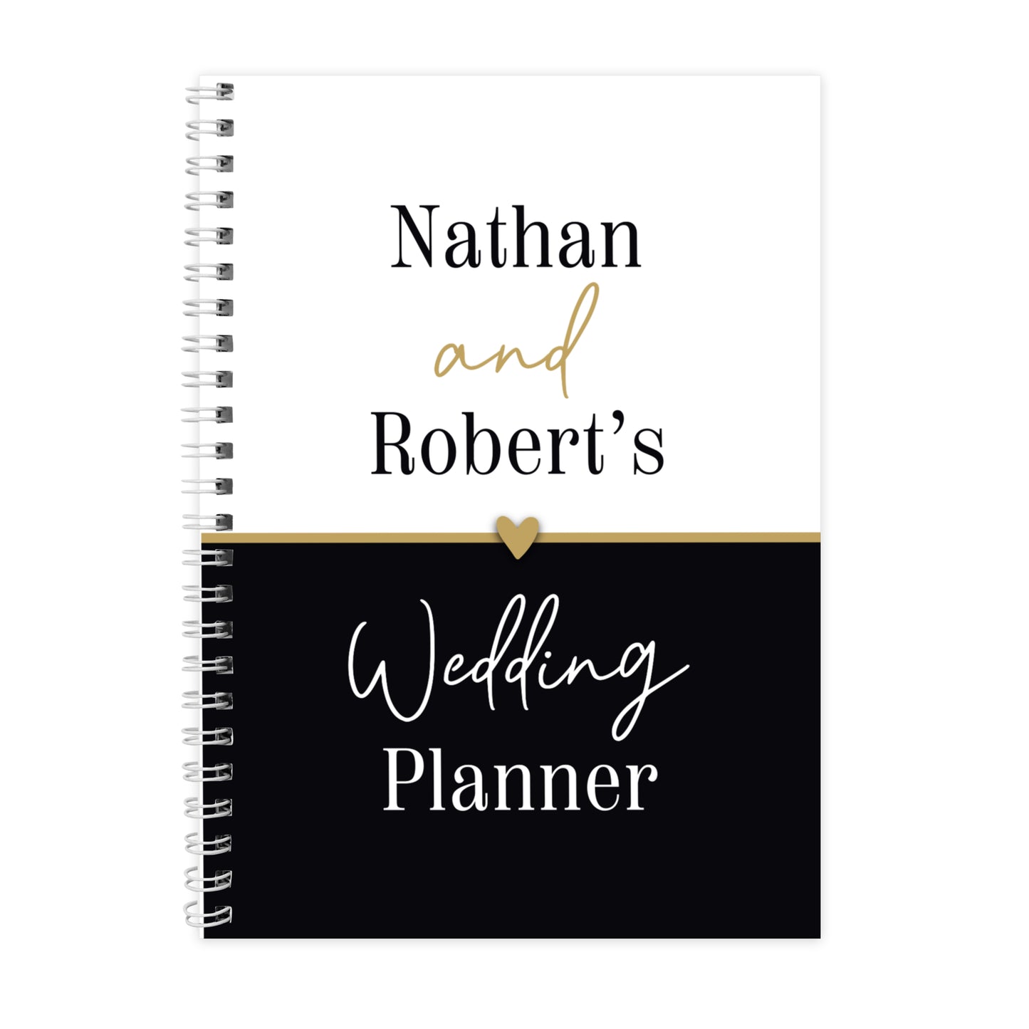 Wedding planner book with 'Nathan and Robert's' text on a white background