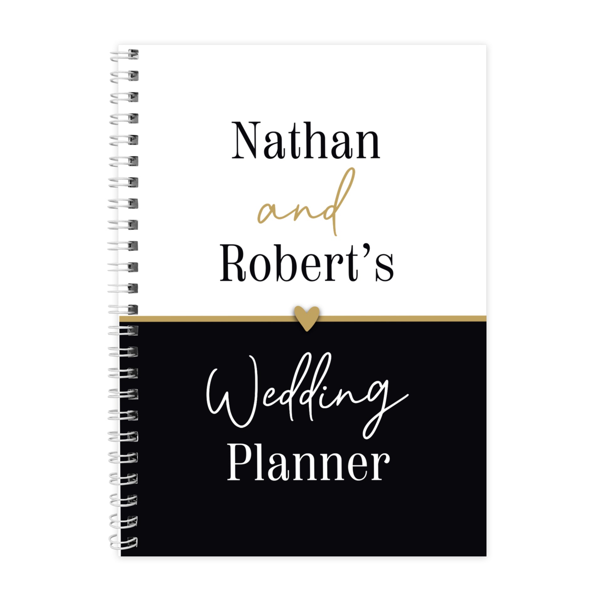 Wedding planner book with 'Nathan and Robert's' text on a white background