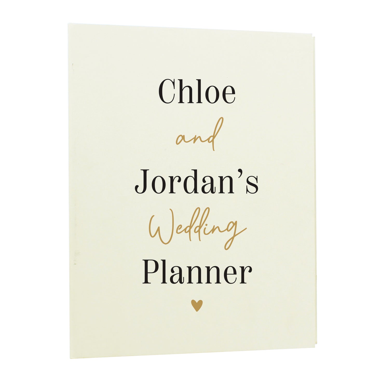 Wedding planner book with 'Chloe and Jordan's Wedding Planner' text on a white background
