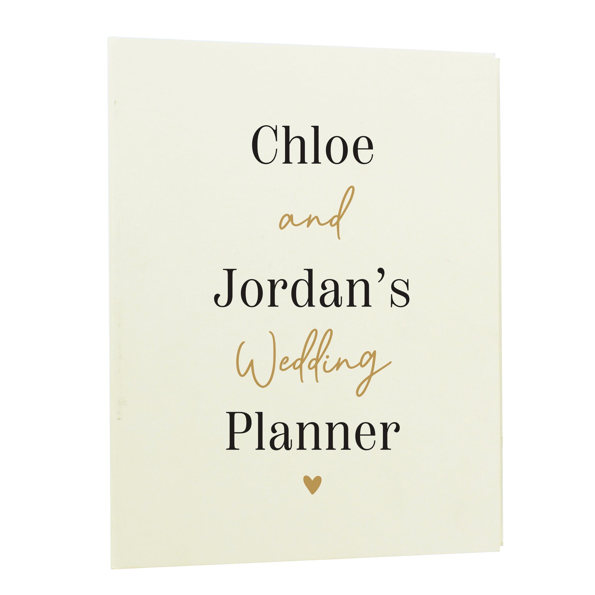 Wedding planner book with 'Chloe and Jordan's Wedding Planner' text on a white background