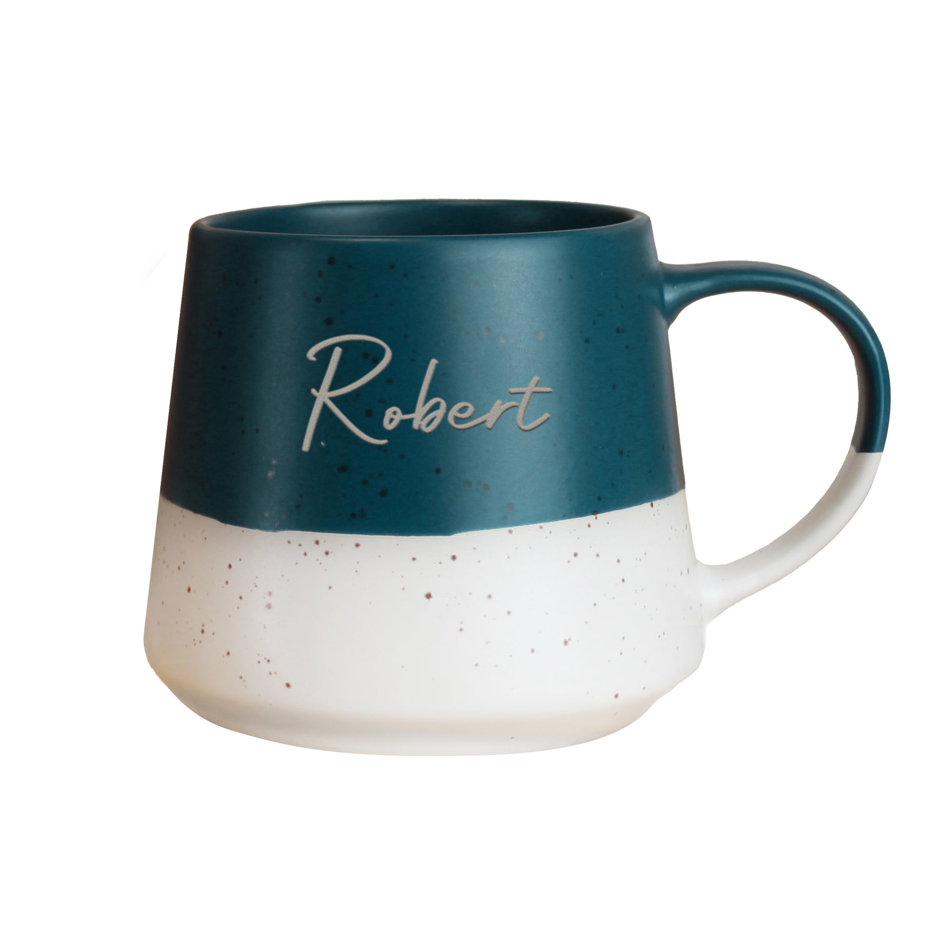 Personalised blue and white speckled mug with 'Robert' written on it against a white background