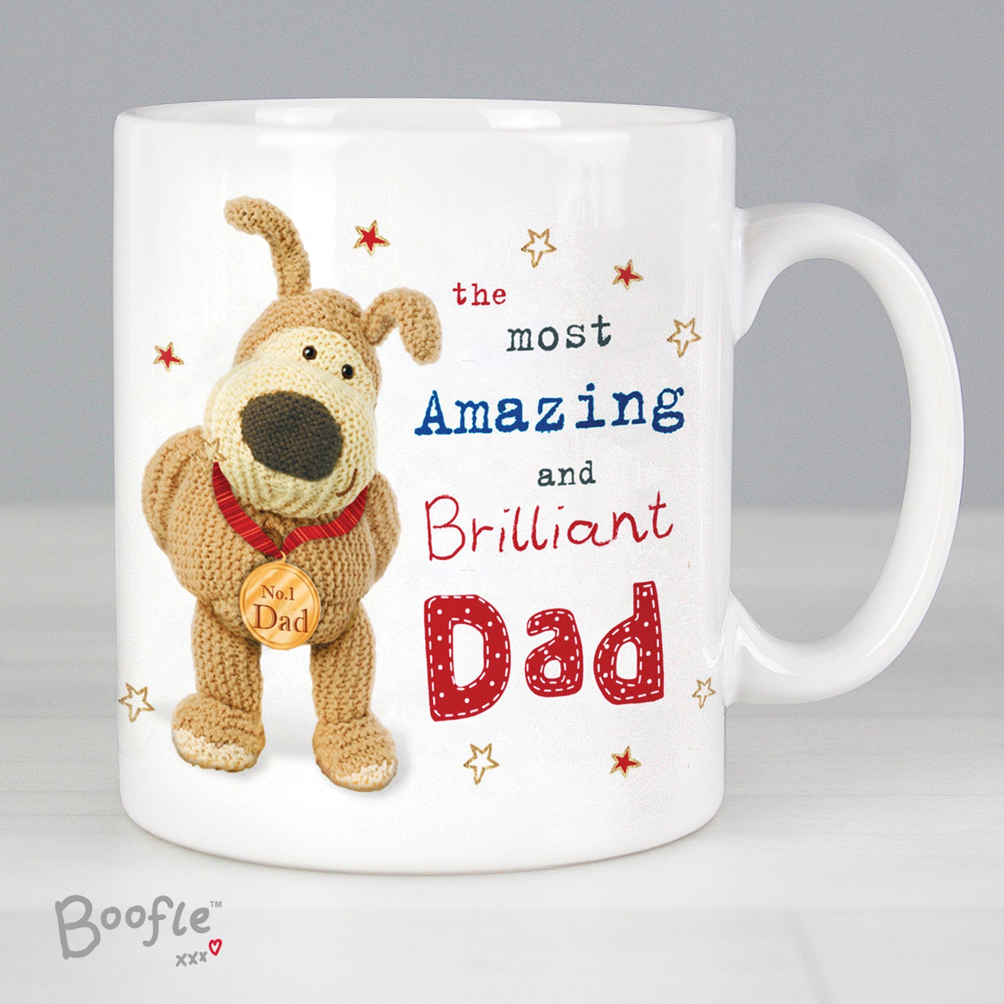 White mug with a cartoon dog character and text on a grey background