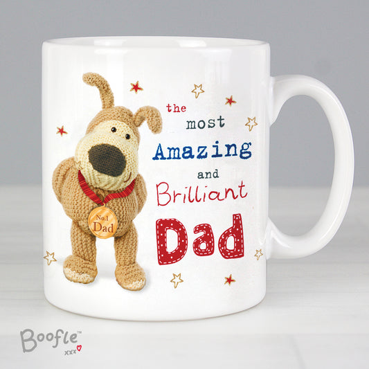 White mug with a cartoon dog character and text on a grey background