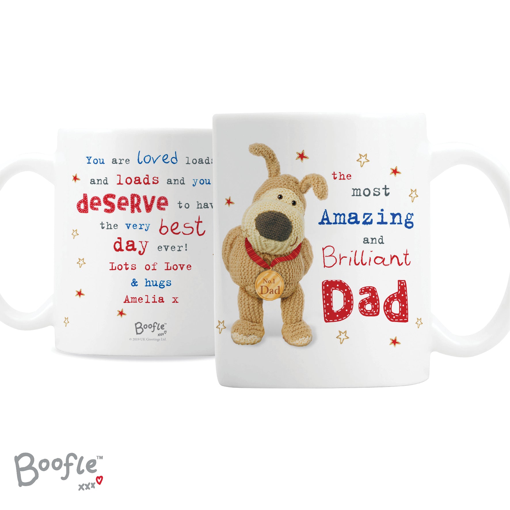 Two mugs with Boofle character and personalised text on a white background