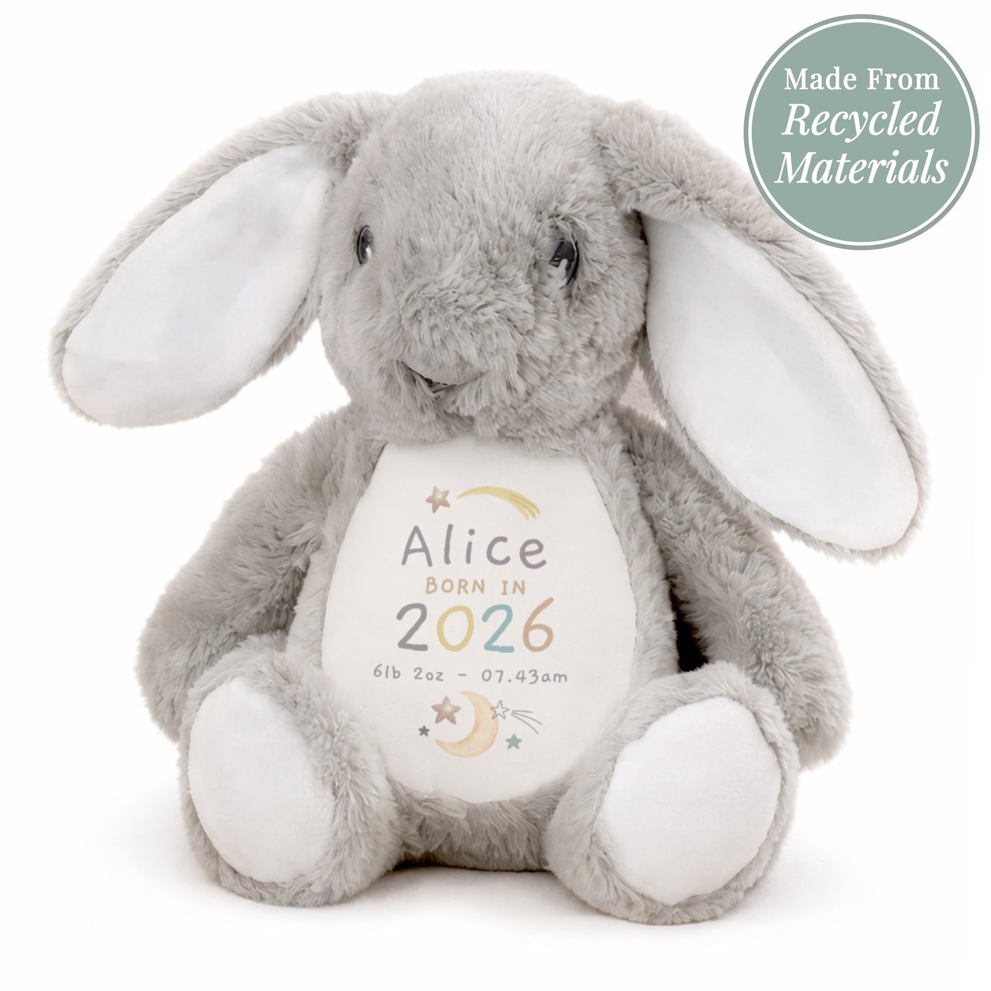 Grey and white soft toy bunny with personalised details - Alice Born in 2023 6lb 2oz 07.43am among moon and star images. Shown sat on a white background.