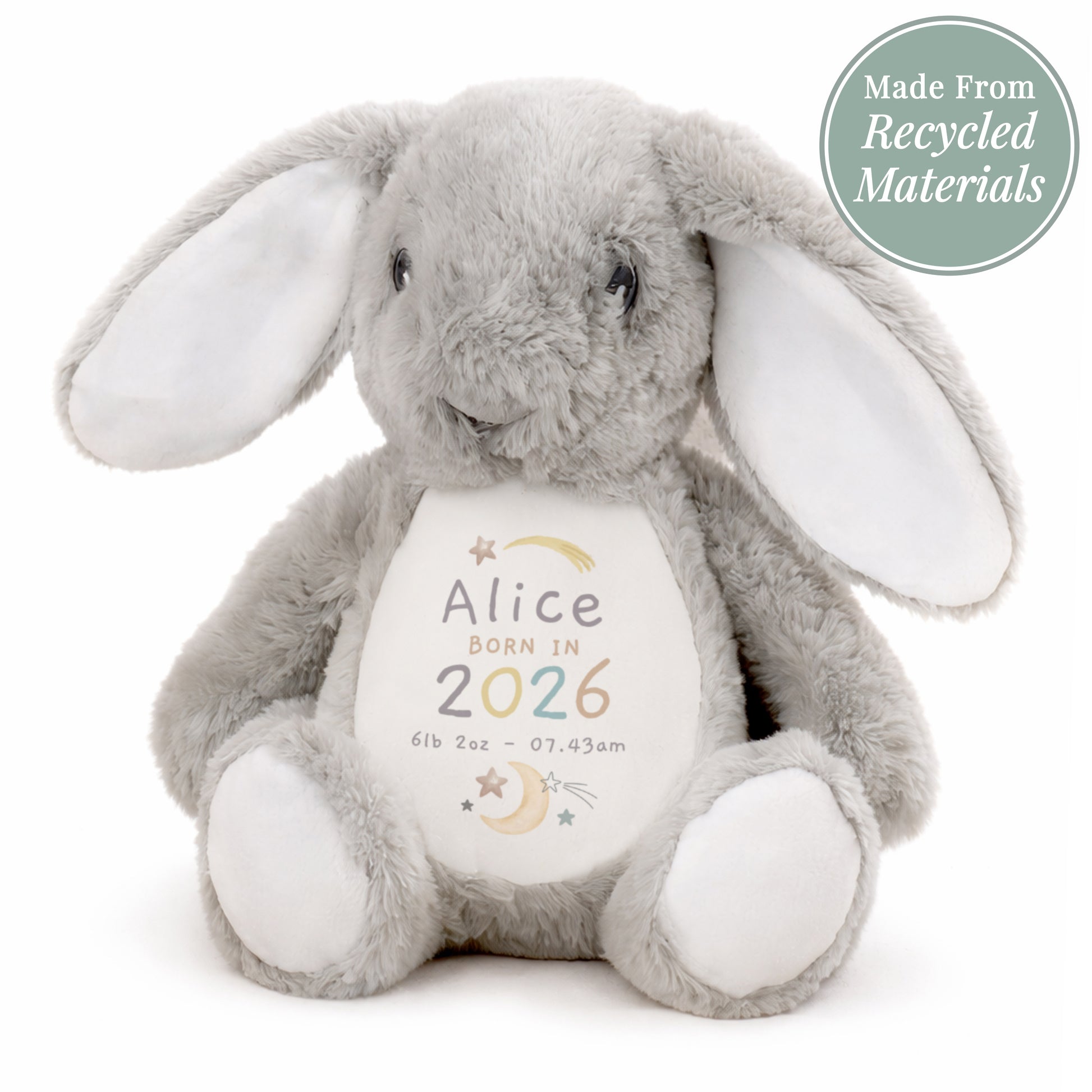 Grey and white soft toy bunny with personalised details - Alice Born in 2023 6lb 2oz 07.43am among moon and star images. Shown sat on a white background.