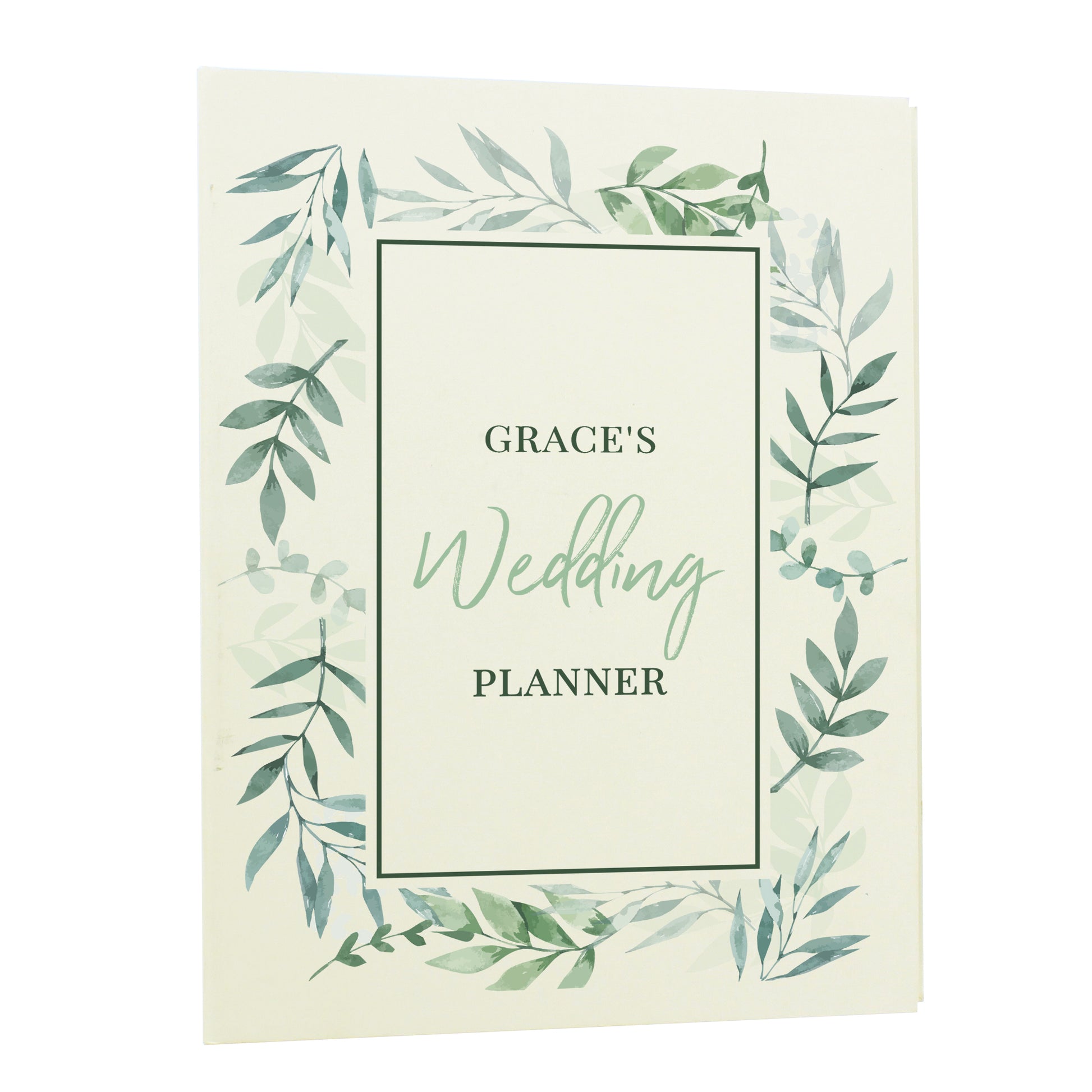 Wedding planner book cover with green leaf design and 'Grace's Wedding Planner' text.
