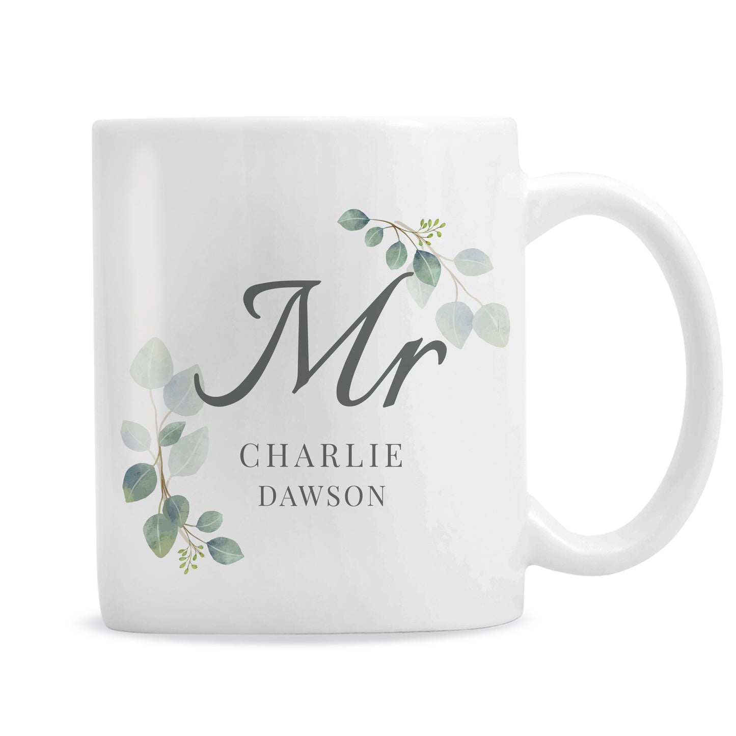 White mug with 'Mr' and floral design on a white background