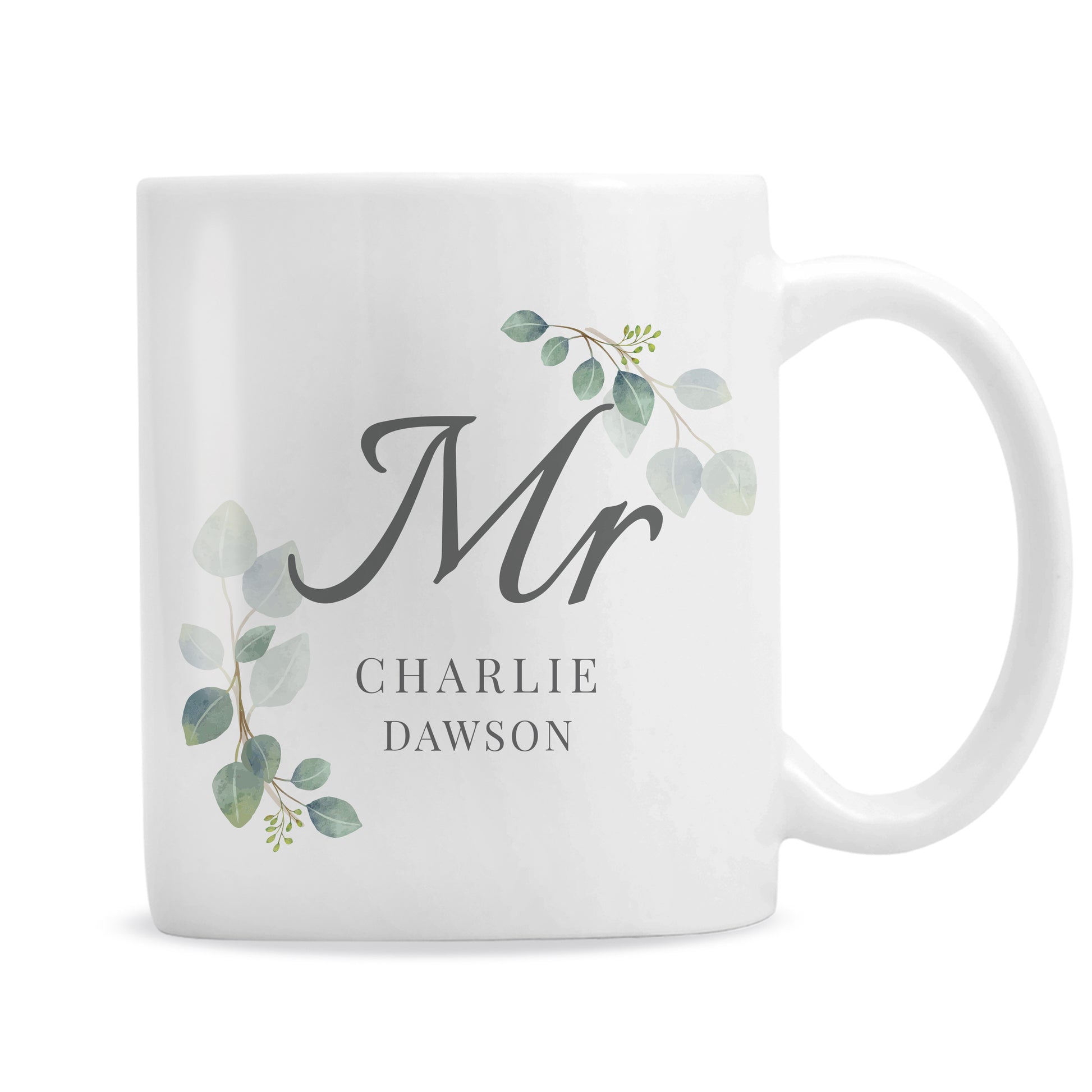 White mug with 'Mr' and floral design on a white background