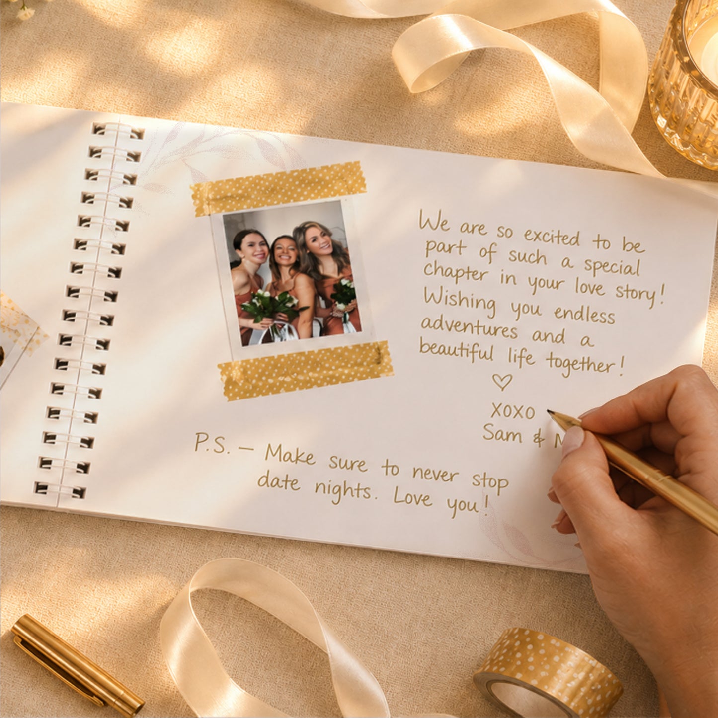 A spiral-bound keepsake guest book page with gold tape accents, a printed photo of three women, and handwritten love letters, shown on a beige surface with satin ribbons, a gold pen, and a hand writing in the corner.