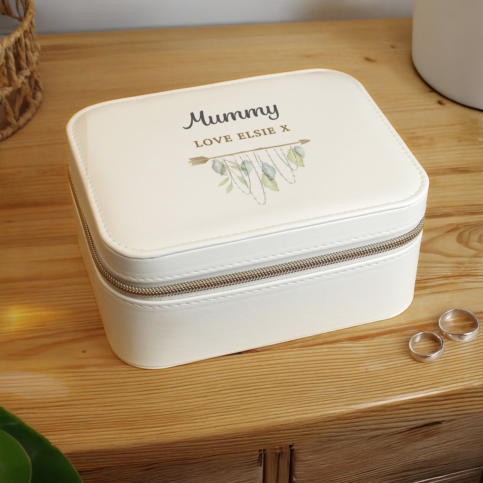 White jewelry box with 'Mummy Love Elsie X' text on a wooden surface