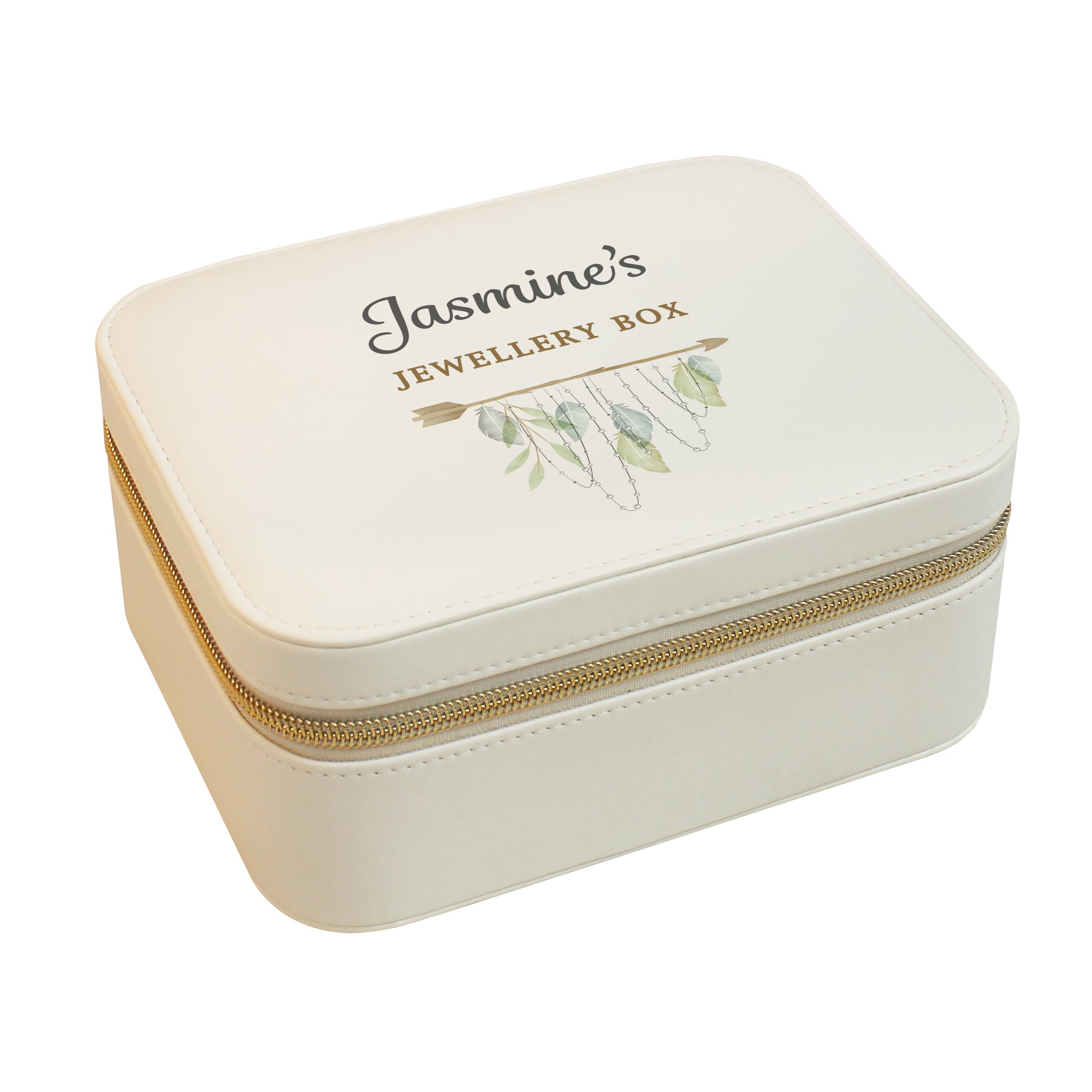 White jewelry box with 'Jasmine's Jewellery Box' text and floral design on a white background