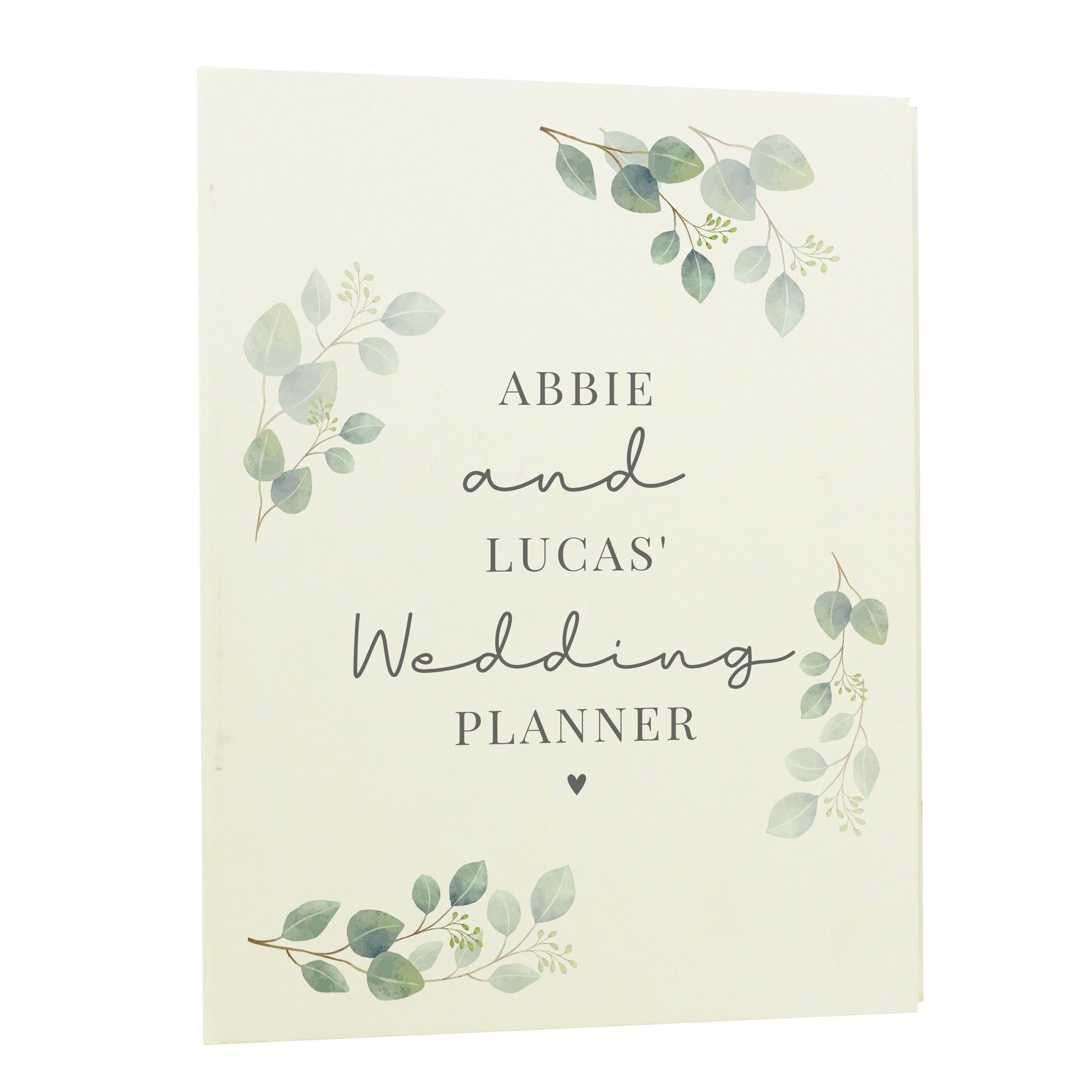 Wedding planner book with green leaf designs and text on a white background