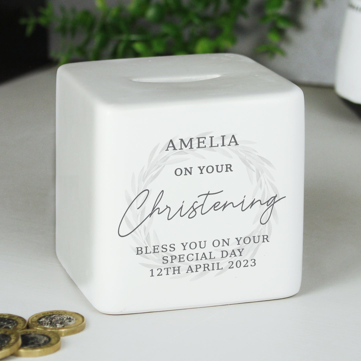 Money Box - Christening Ceramic Square Personalised