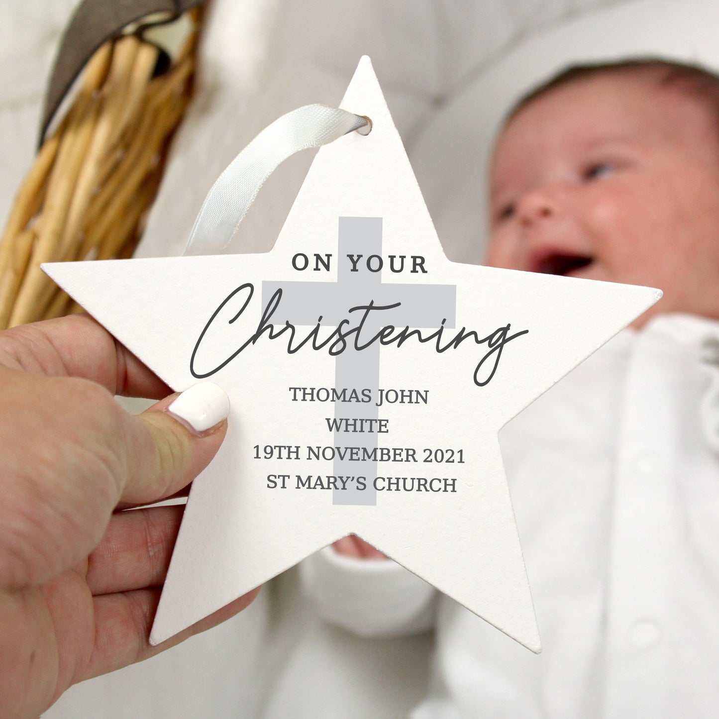 Personalised Christening Wooden Star Decoration