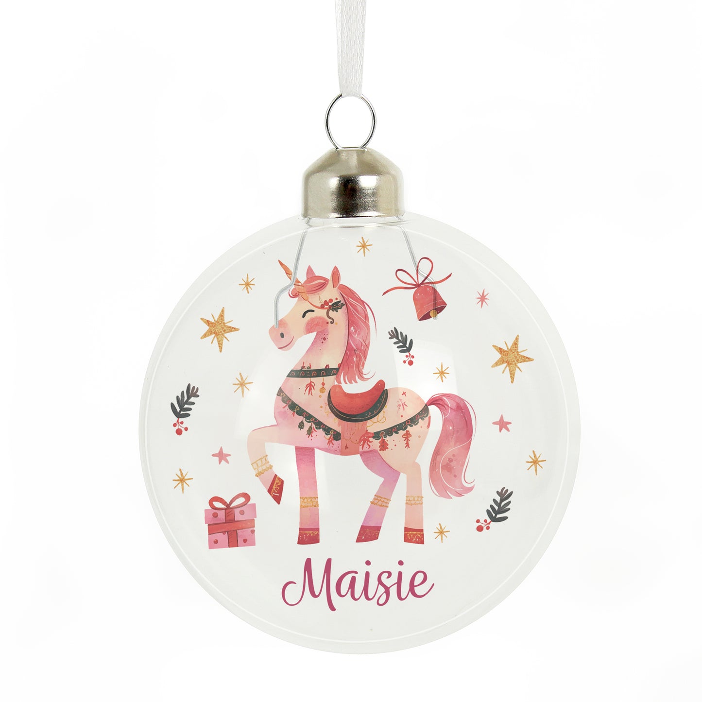Decorative ornament with a pink unicorn design and the name 'Maisie' on a white background