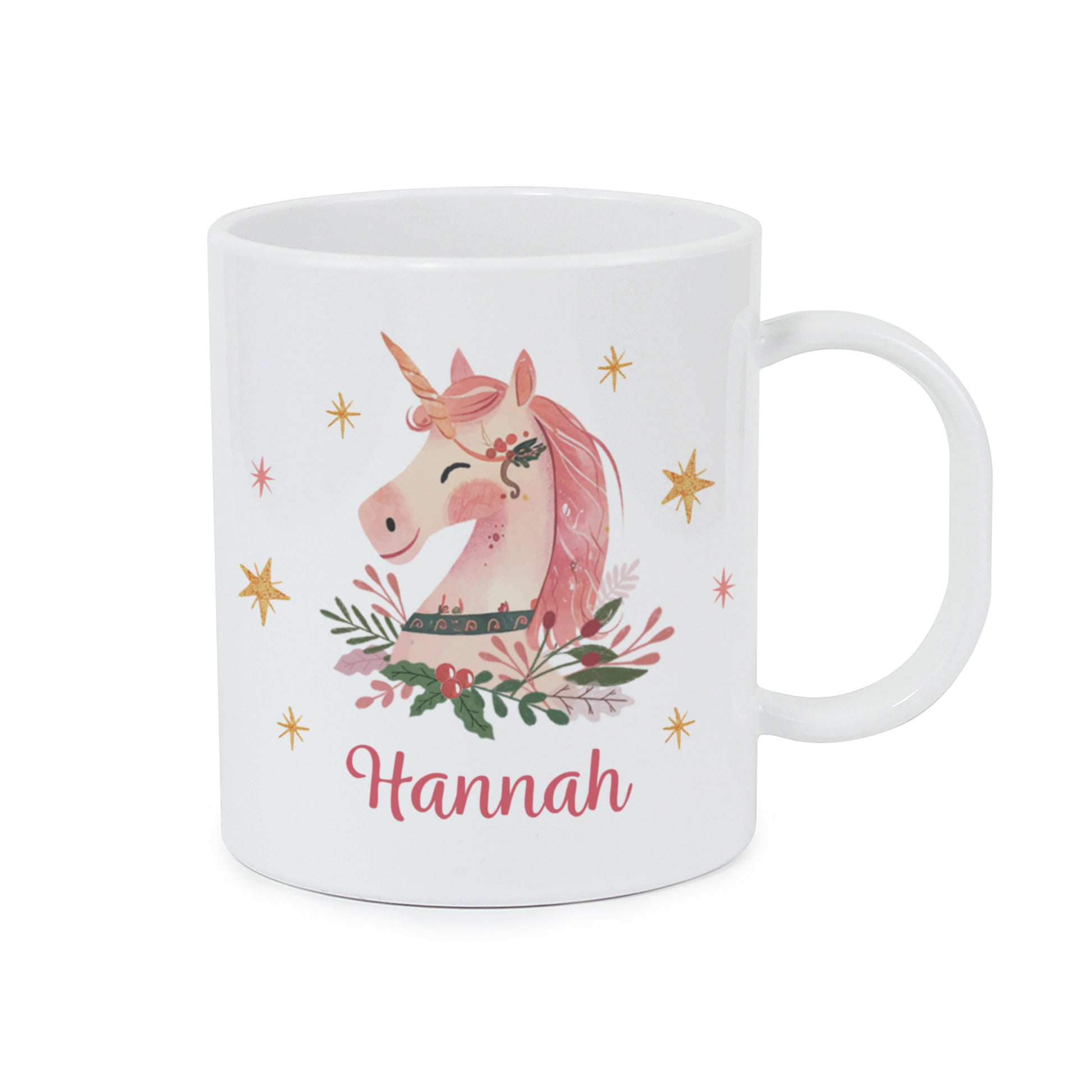 White mug with a pink unicorn design and the name 'Hannah' on a white background