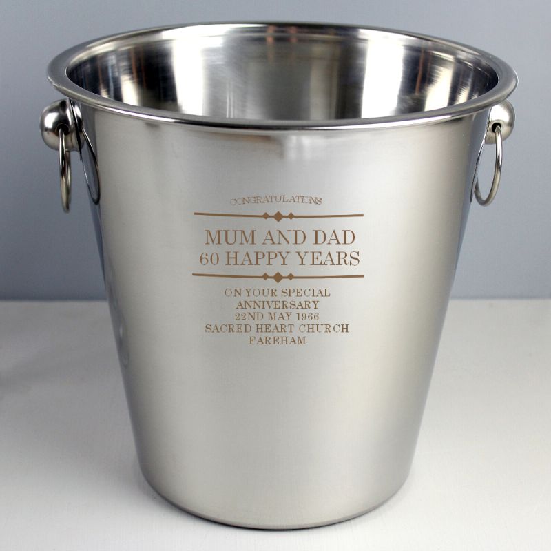 Personalised stainless steel ice bucket shown on white surface