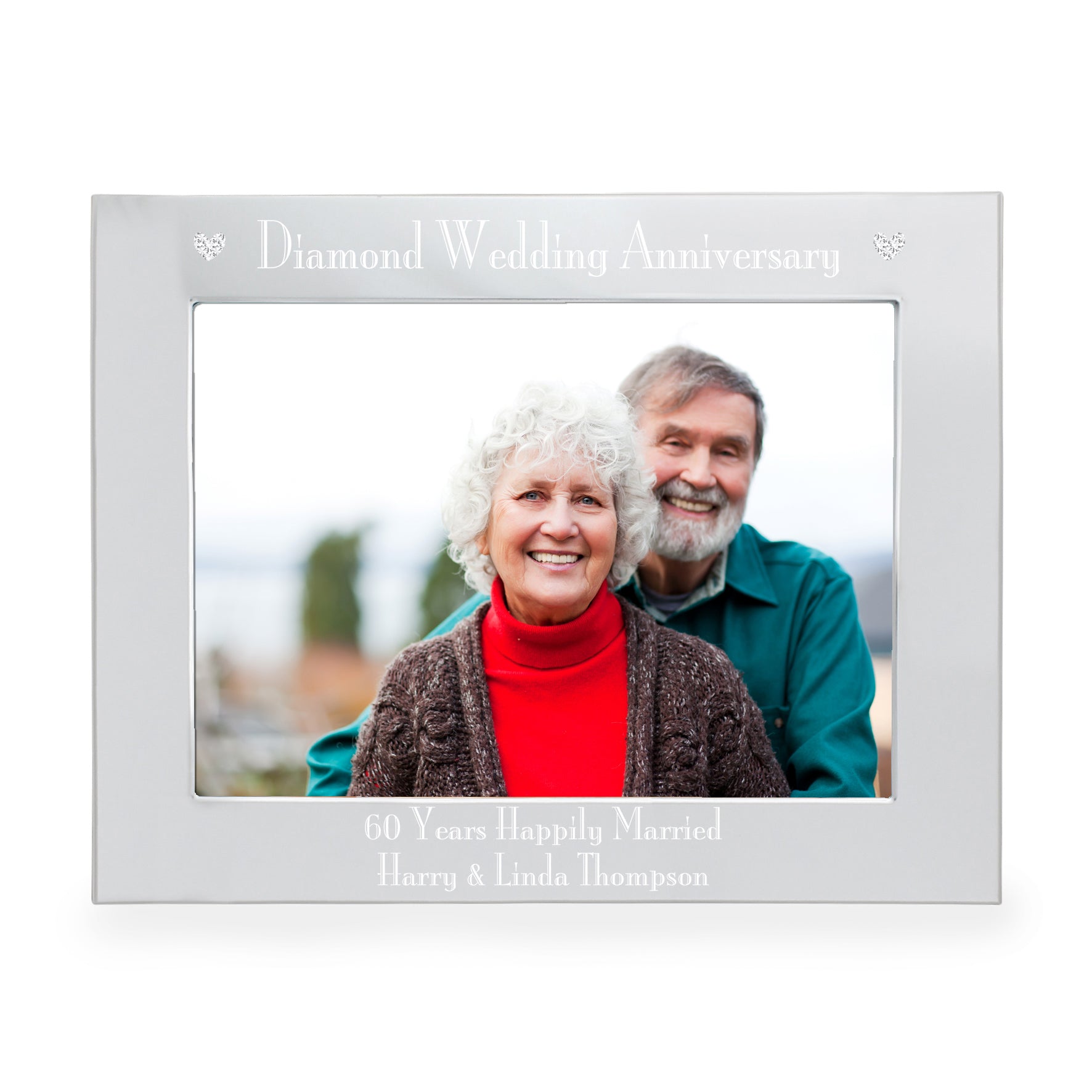 Silver frame with 'Diamond Wedding Anniversary' text and a photo of an older couple.
