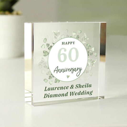 Acrylic plaque with 'Happy 60 Anniversary' and 'Laurence & Sheila Diamond Wedding' text on a white background