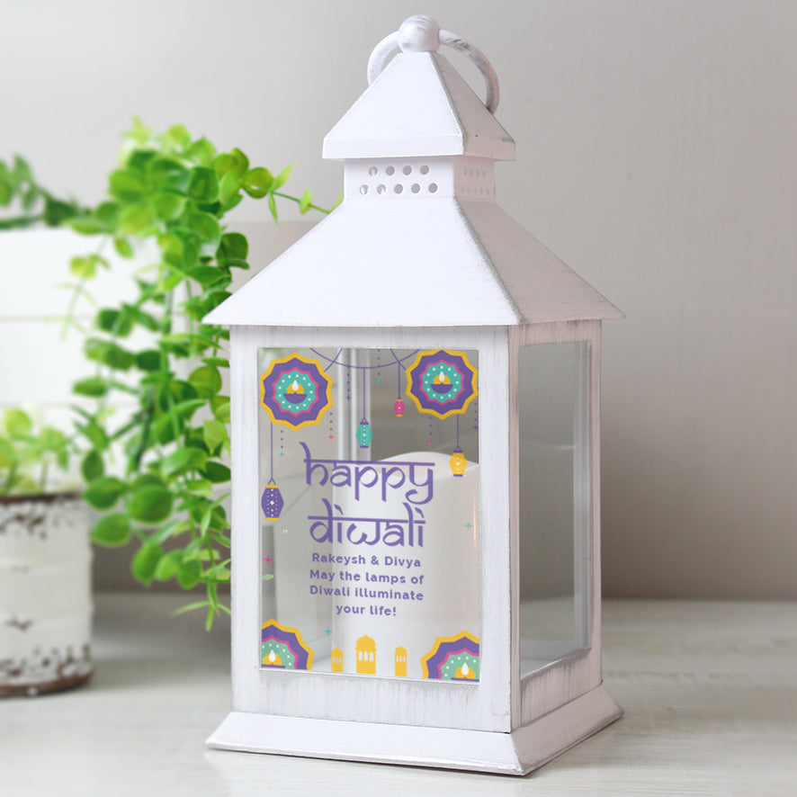 Decorative lantern with 'Happy Diwali' message on a light background