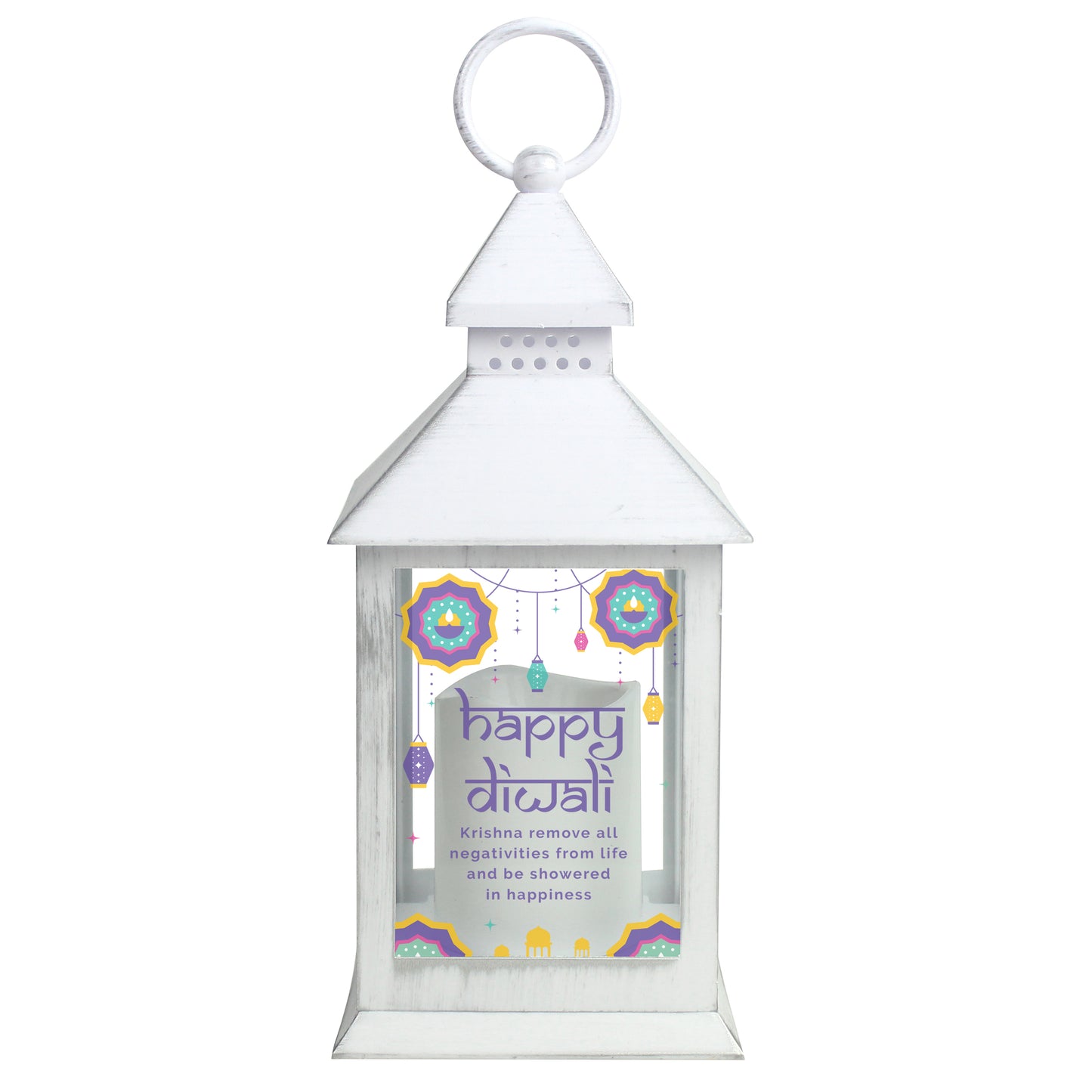 White lantern with 'happy diwali' text and colorful design on a white background