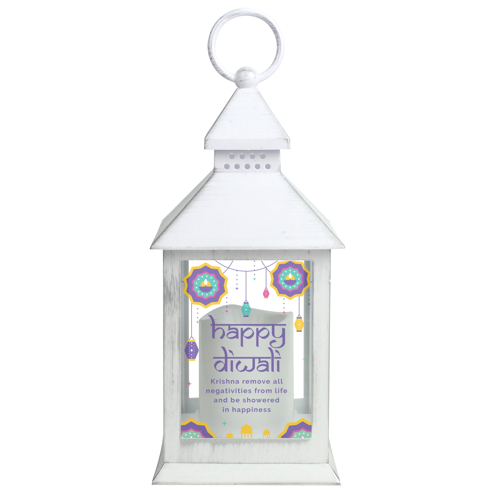 White lantern with 'happy diwali' text and colorful design on a white background