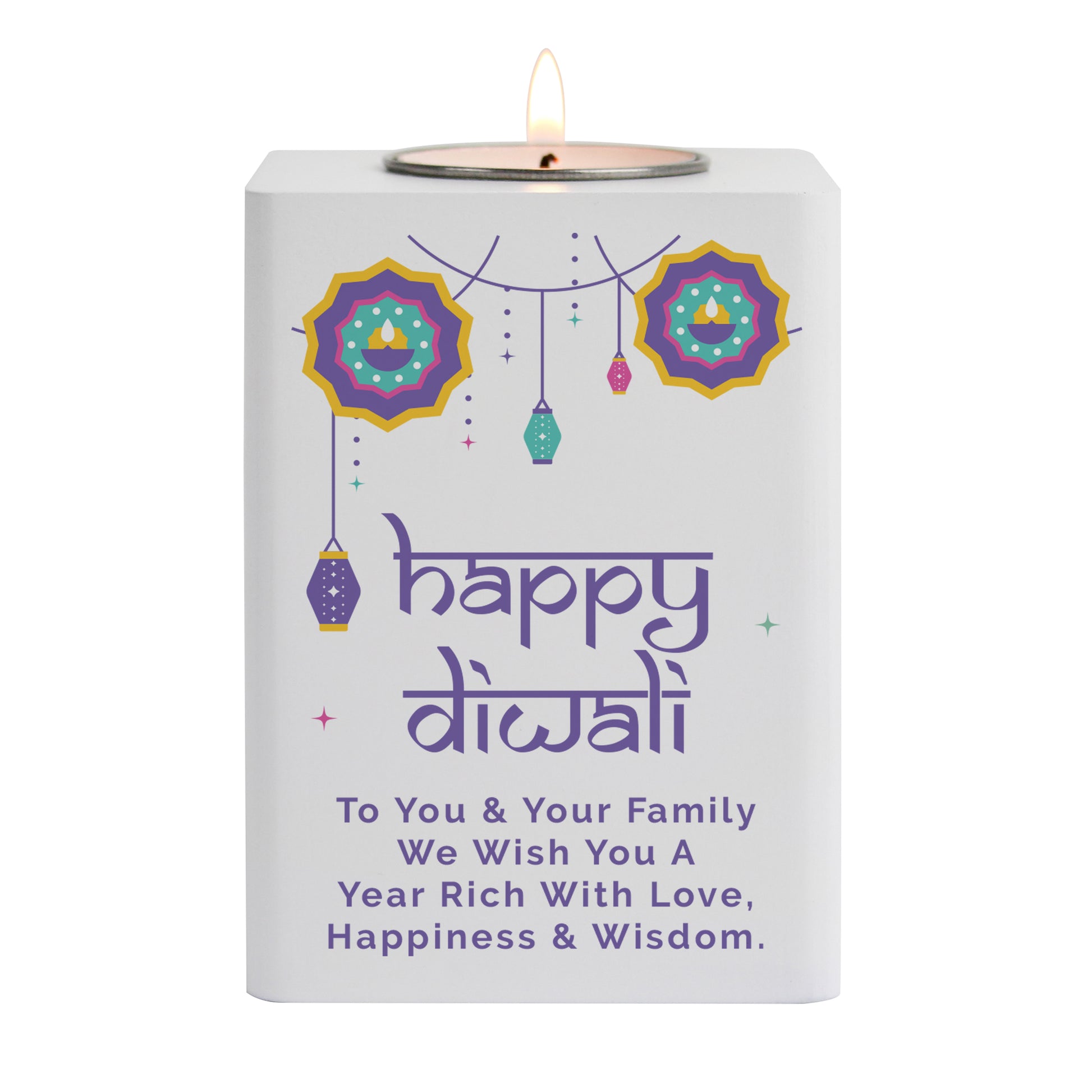 Candle in a Diwali-themed holder with decorative elements and a message.
