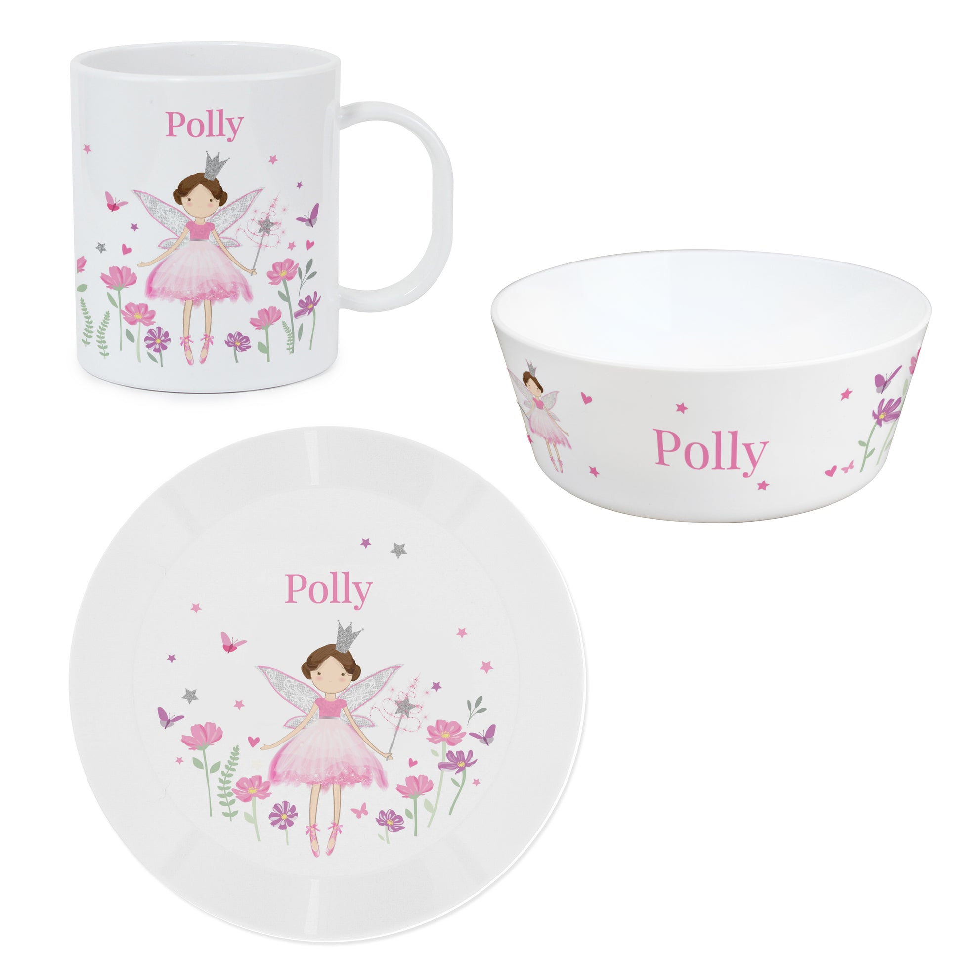Children's ceramic set with mug, bowl, and plate featuring a fairy design and the name 'Polly'.